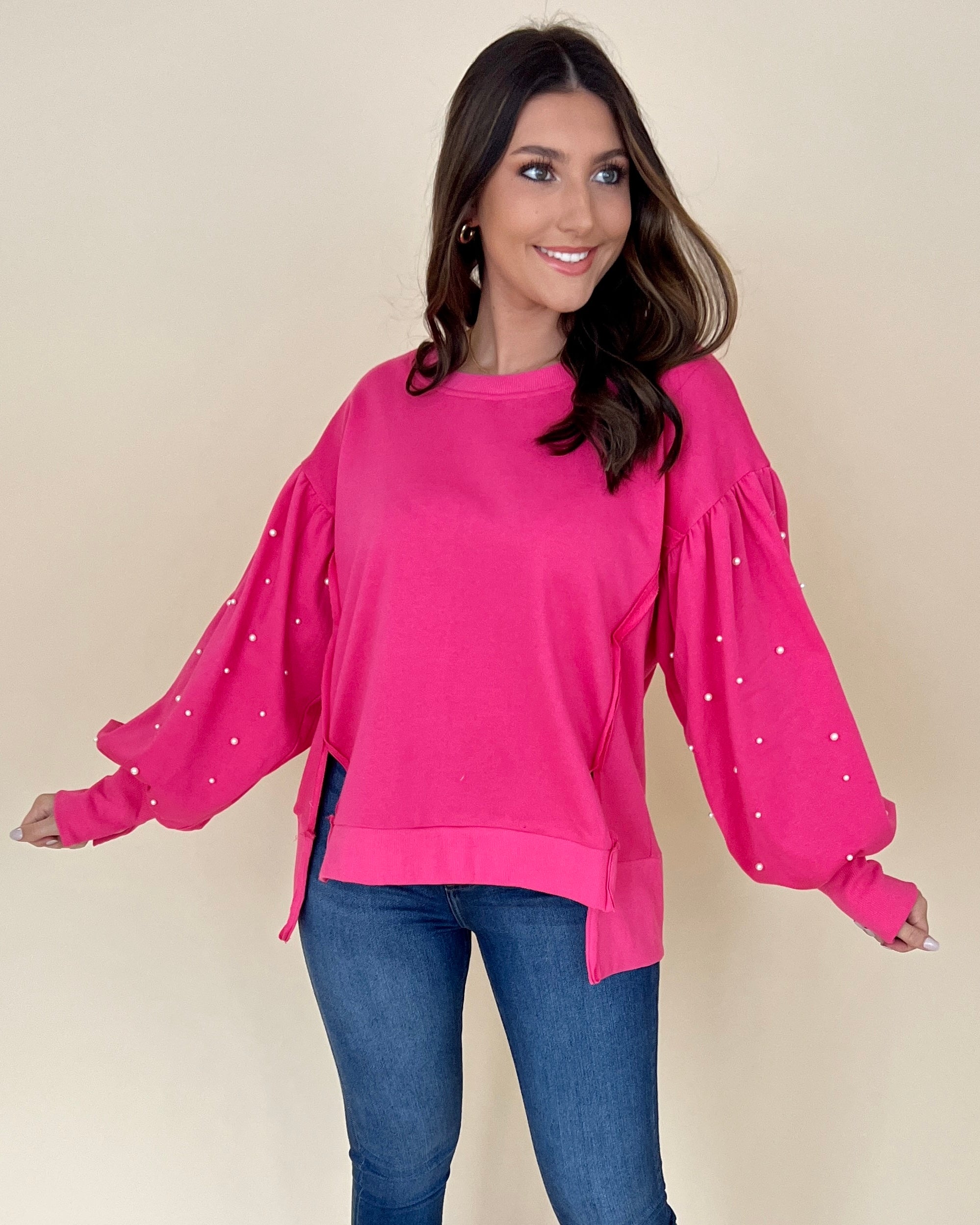 A Sensation Fuchsia Sleeve Pearls Top-Shop-Womens-Boutique-Clothing