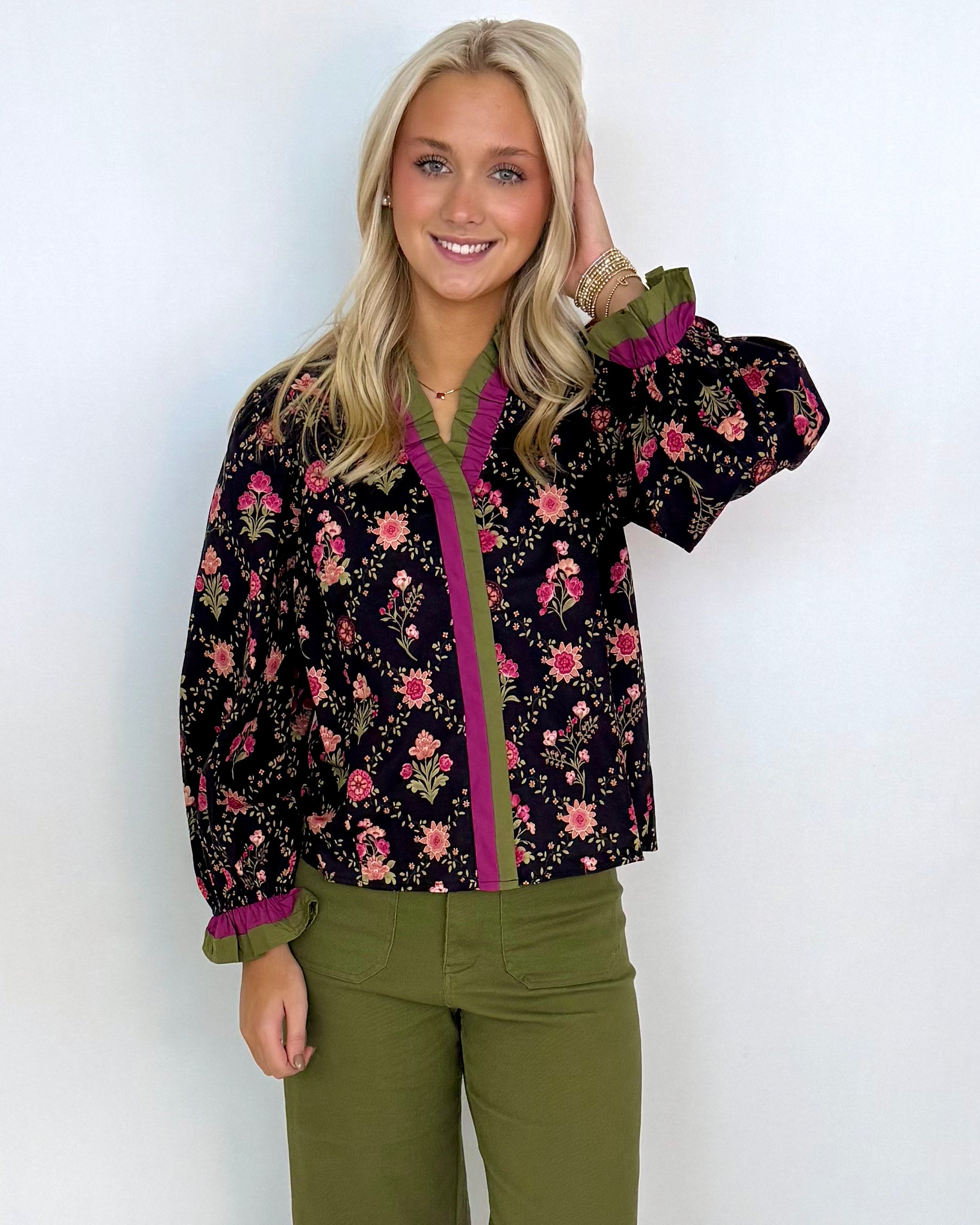 Always Present Dk Navy Floral Ruffle Top-Shop-Womens-Boutique-Clothing
