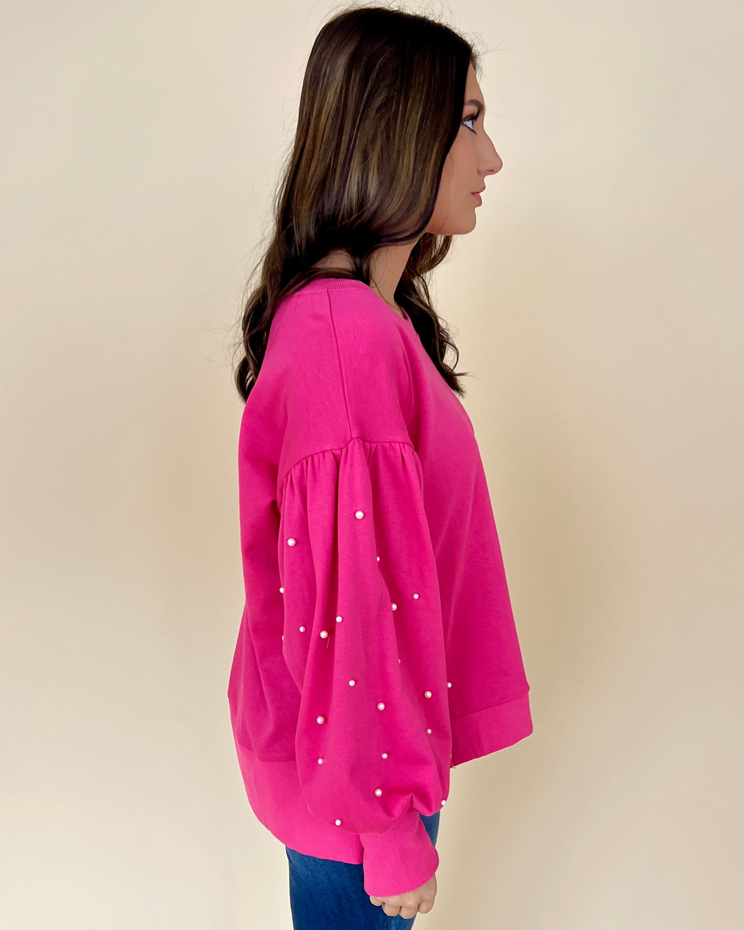 A Sensation Fuchsia Sleeve Pearls Top-Shop-Womens-Boutique-Clothing