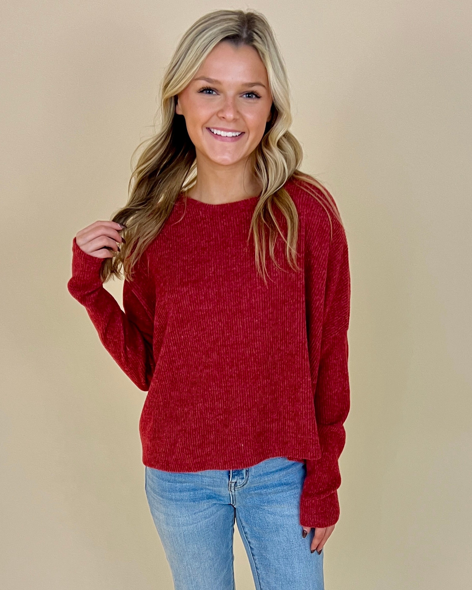 Dream On Dk Red Ribbed Sweater-Shop-Womens-Boutique-Clothing