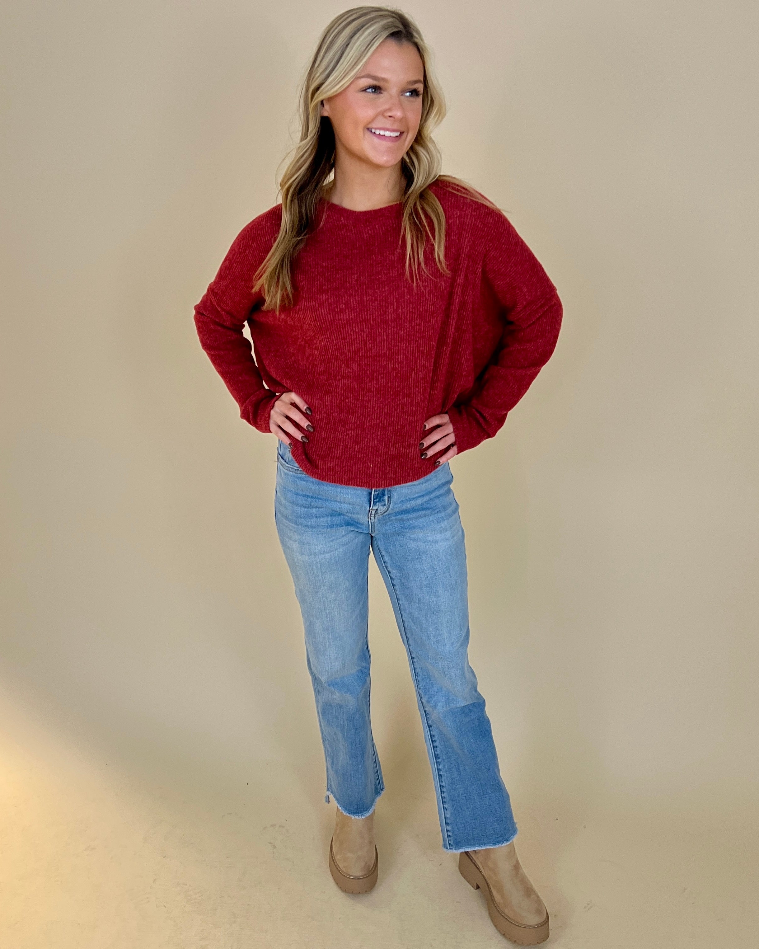 Dream On Dk Red Ribbed Sweater-Shop-Womens-Boutique-Clothing
