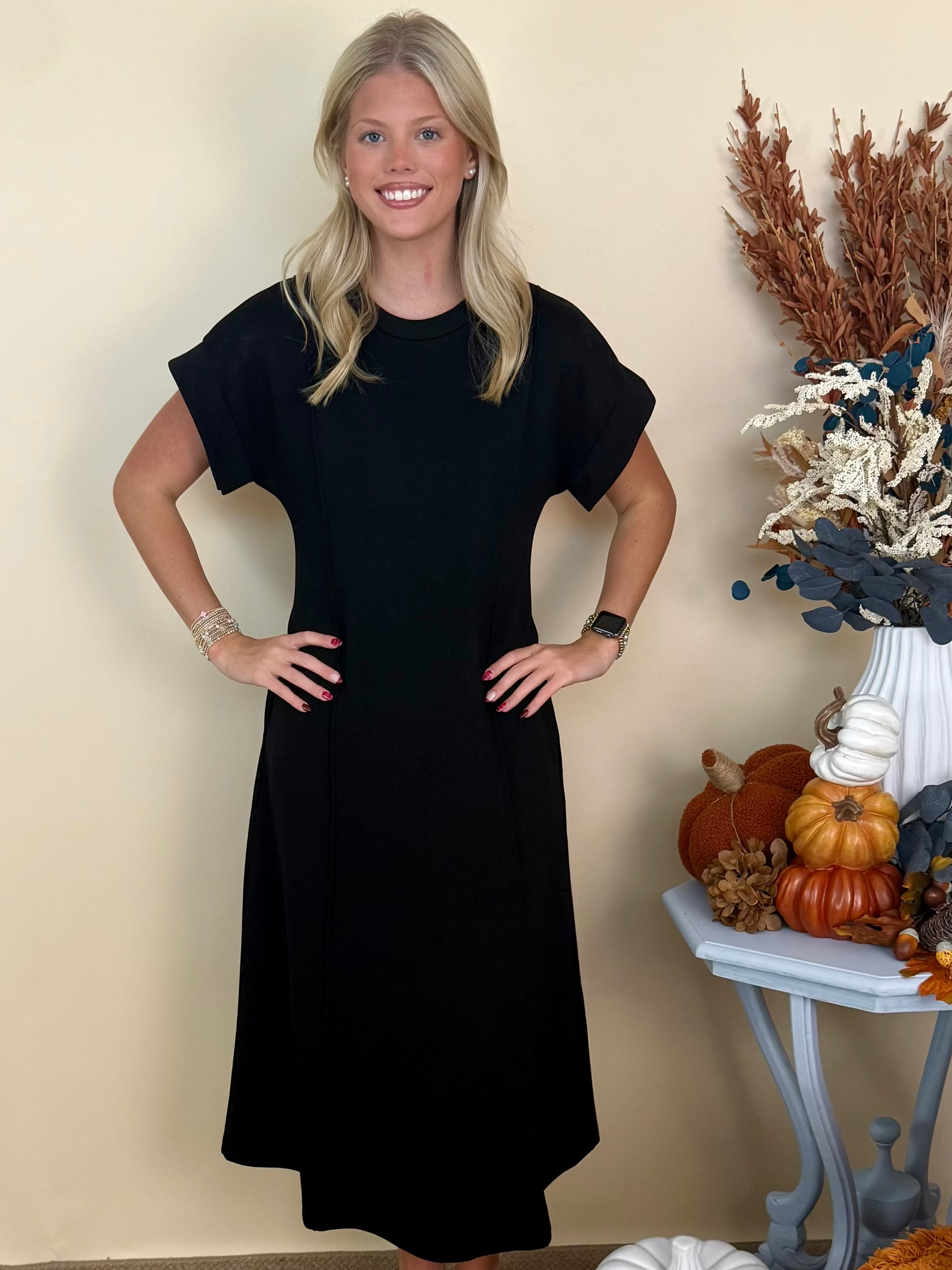 After Hours Black Paneled Seam Midi Dress-Shop-Womens-Boutique-Clothing