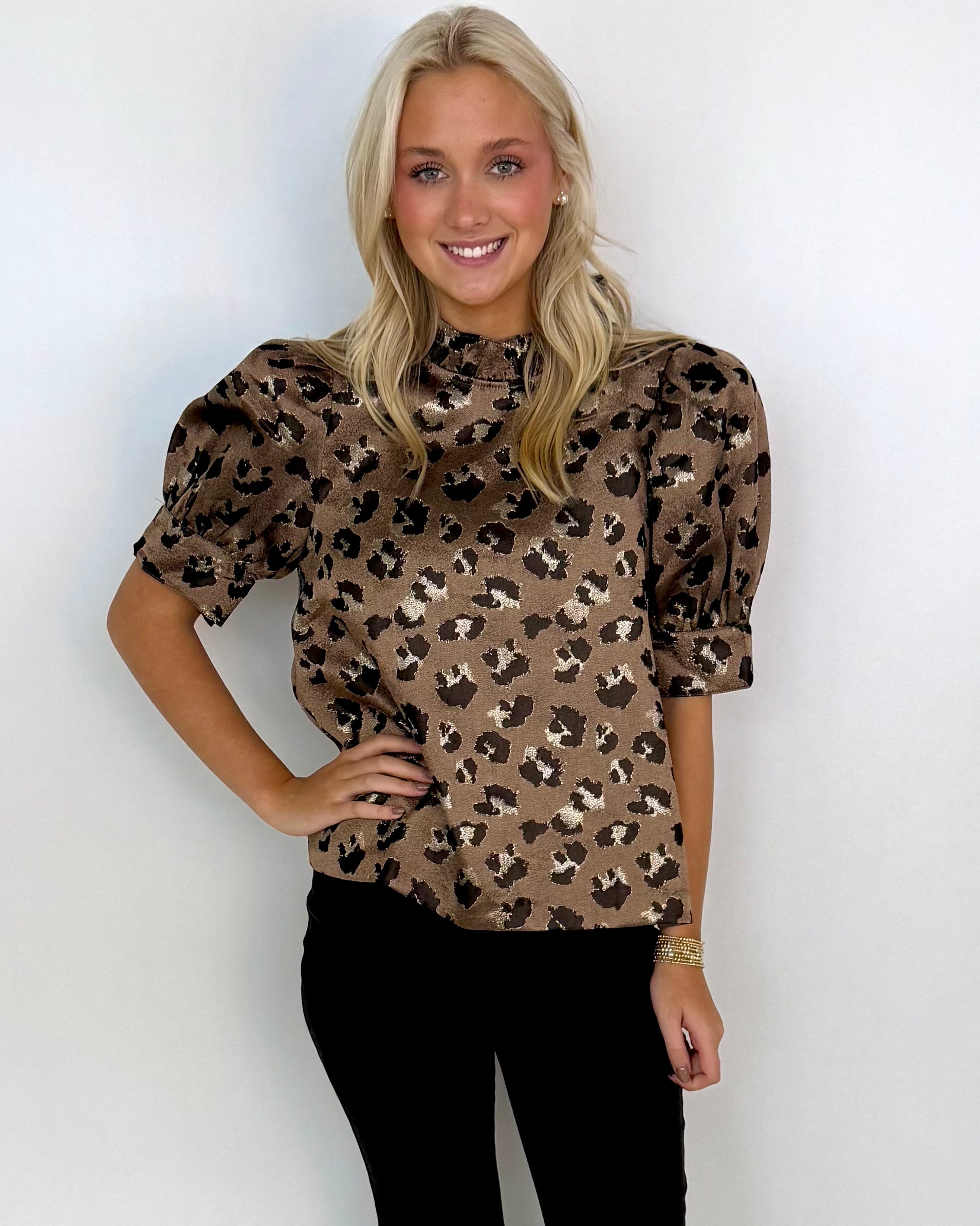 Darling Muse Bronze Leopard Mock Neck Top-Shop-Womens-Boutique-Clothing