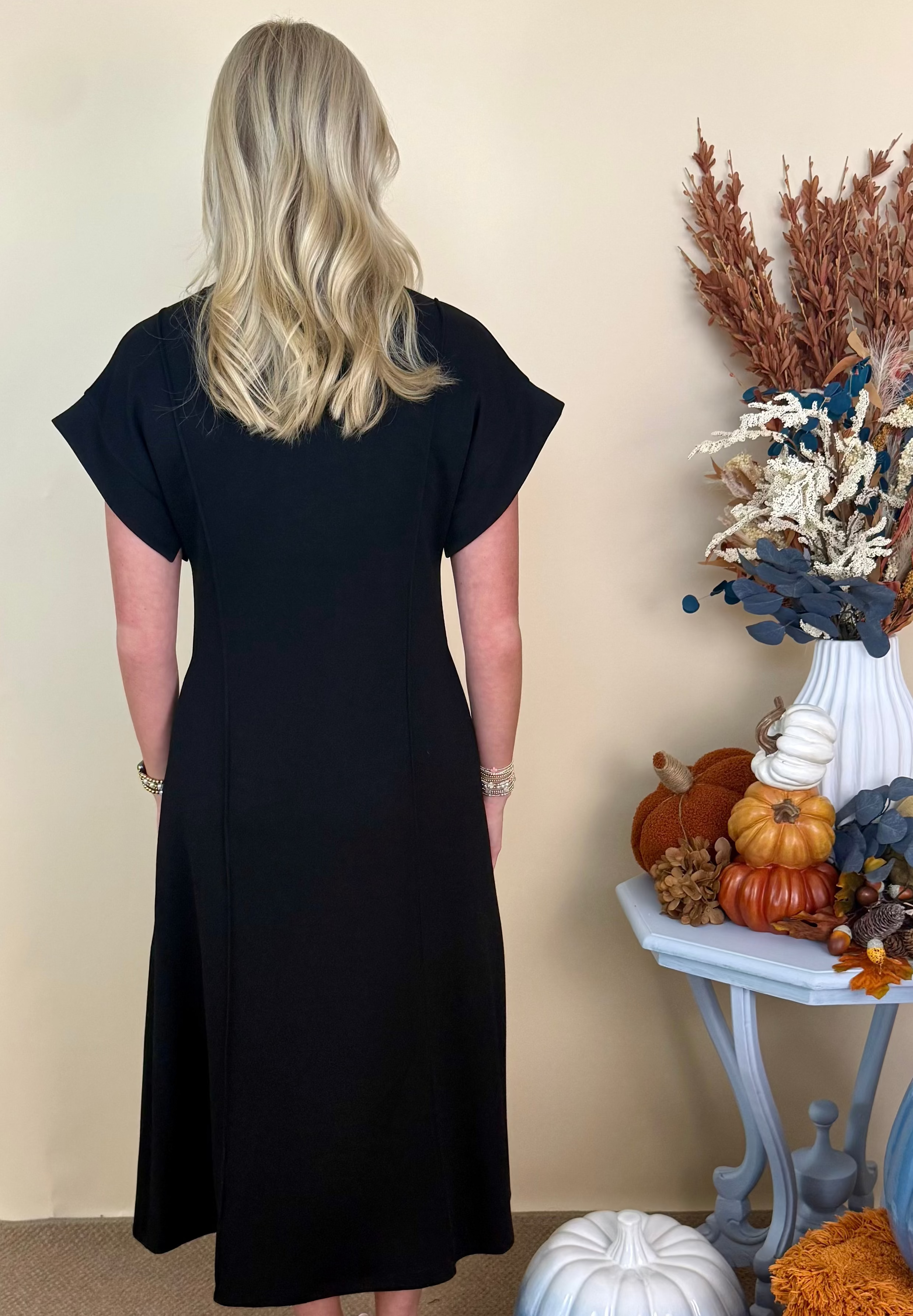 After Hours Black Paneled Seam Midi Dress-Shop-Womens-Boutique-Clothing