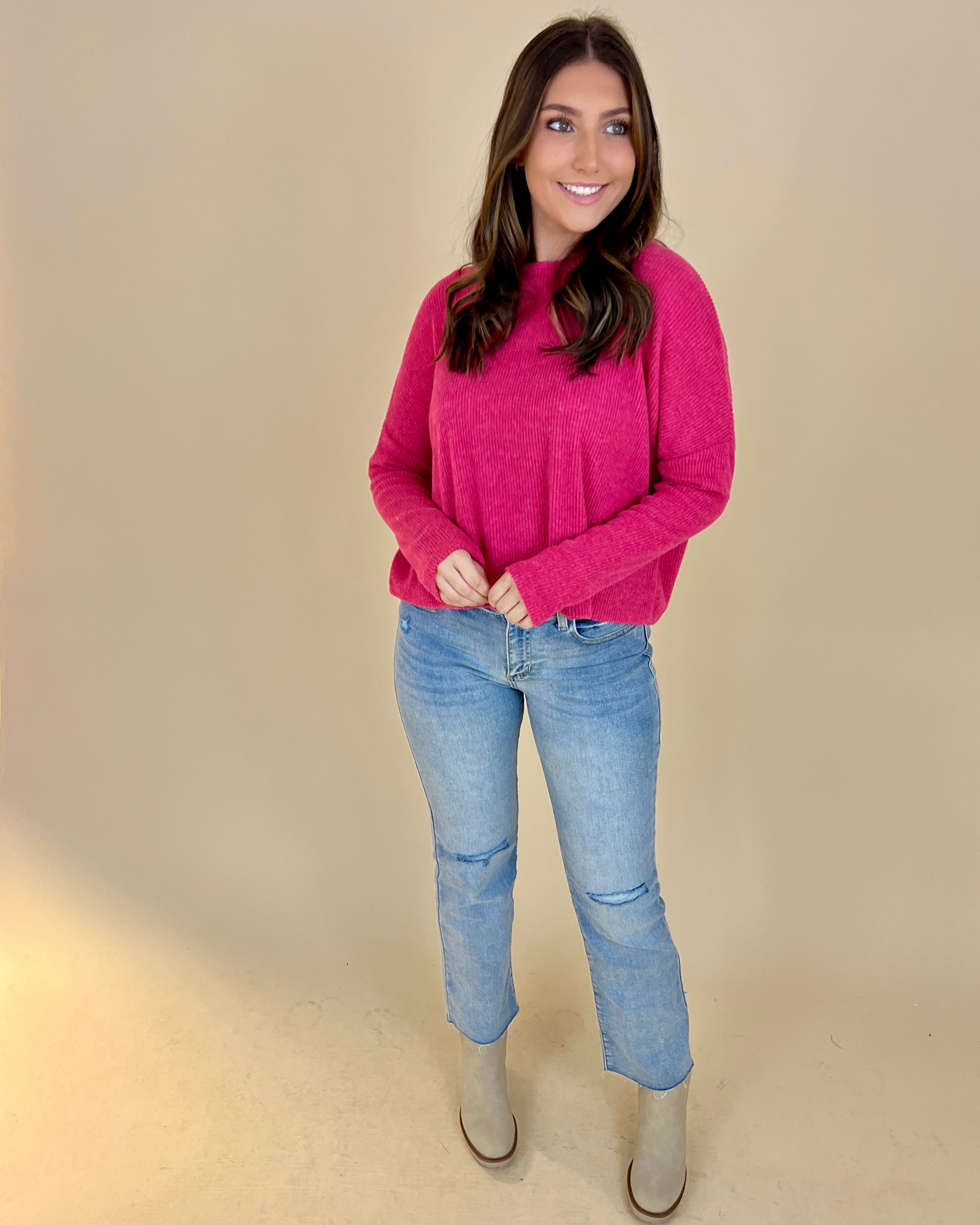 Dream On Fuchsia Ribbed Sweater-Shop-Womens-Boutique-Clothing
