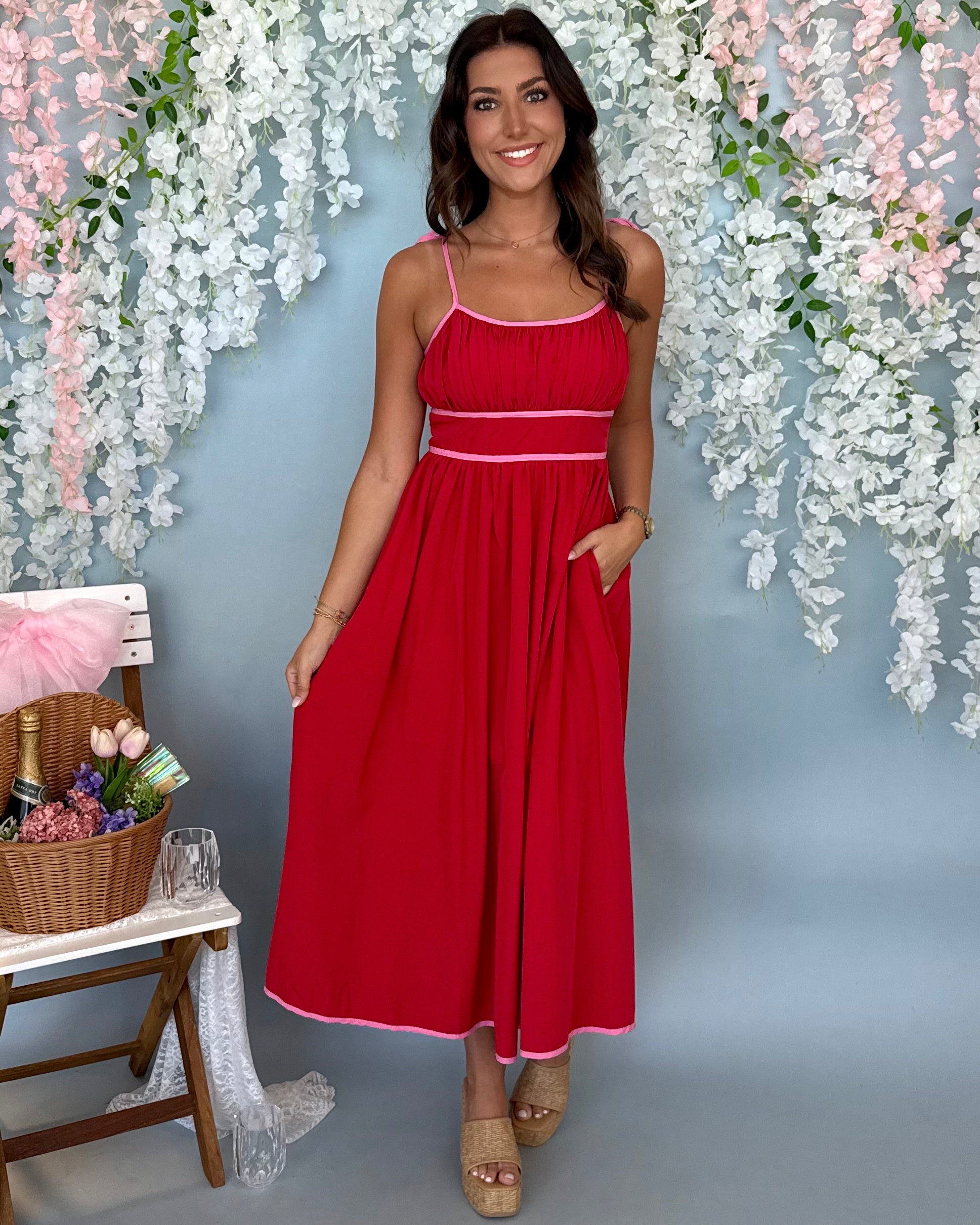 Windswept Red Shoulder Tie Midi Dress-Shop-Womens-Boutique-Clothing