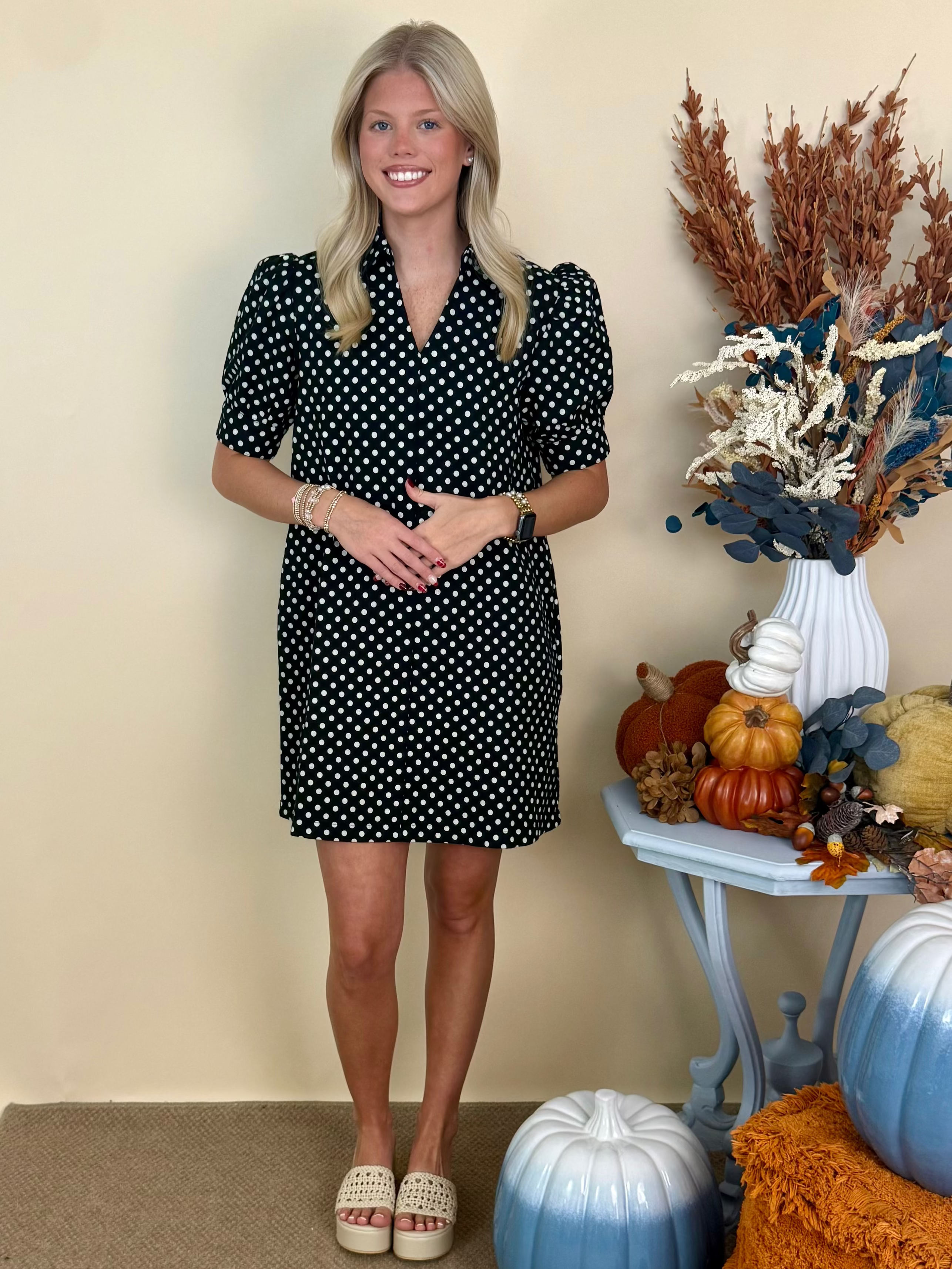Cozy Company Black Polka Dot V-Neck Collared Shift Dress-Shop-Womens-Boutique-Clothing