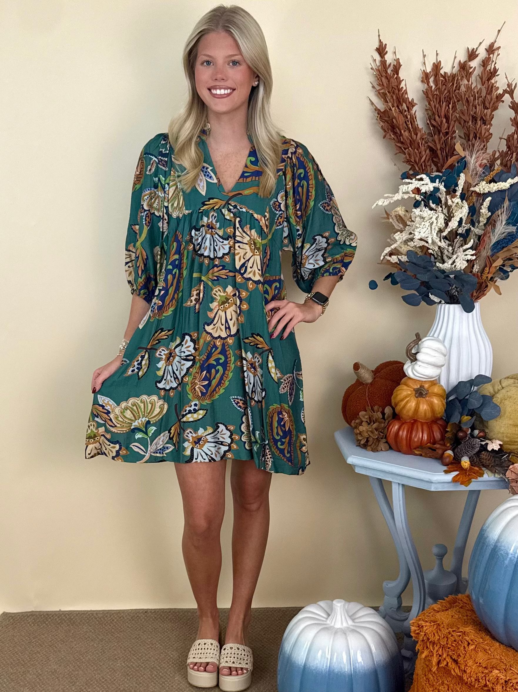 Autumn Breeze Lagoon Abstract Ruffle Dress-Shop-Womens-Boutique-Clothing