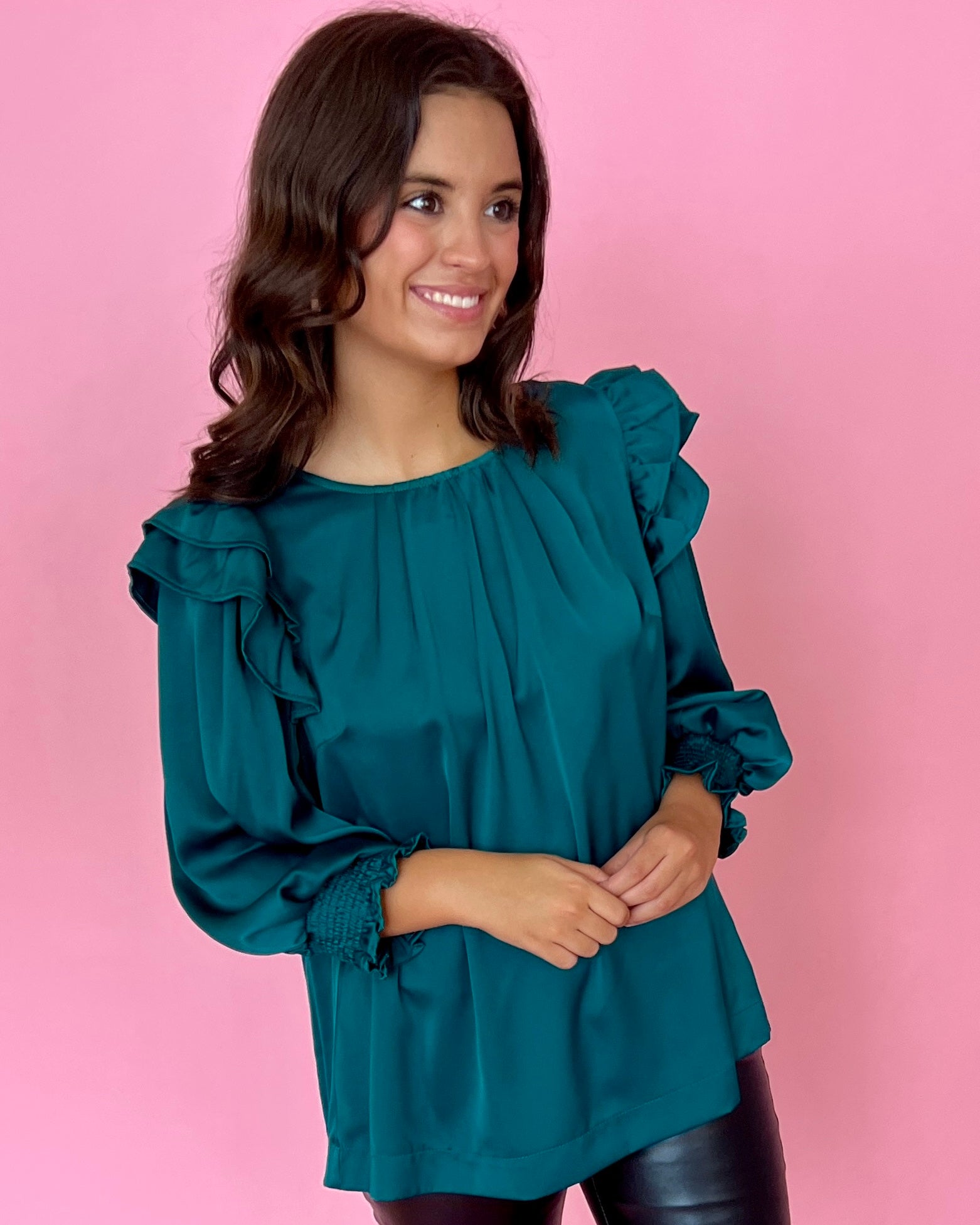 Something More Forest Green Satin Ruffle Shoulder Top-Shop-Womens-Boutique-Clothing