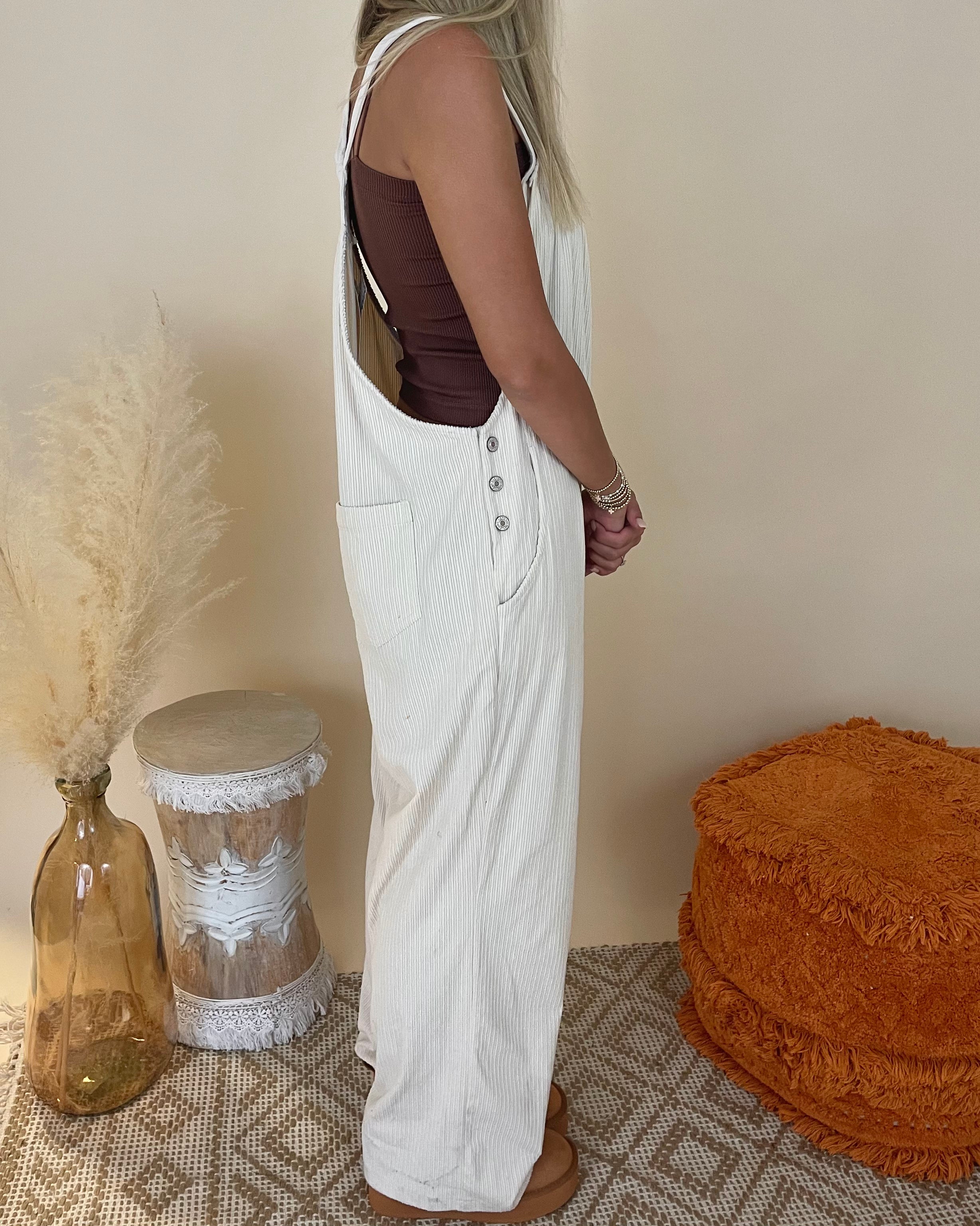 In The Cards Oatmeal Corduroy Overall-Shop-Womens-Boutique-Clothing