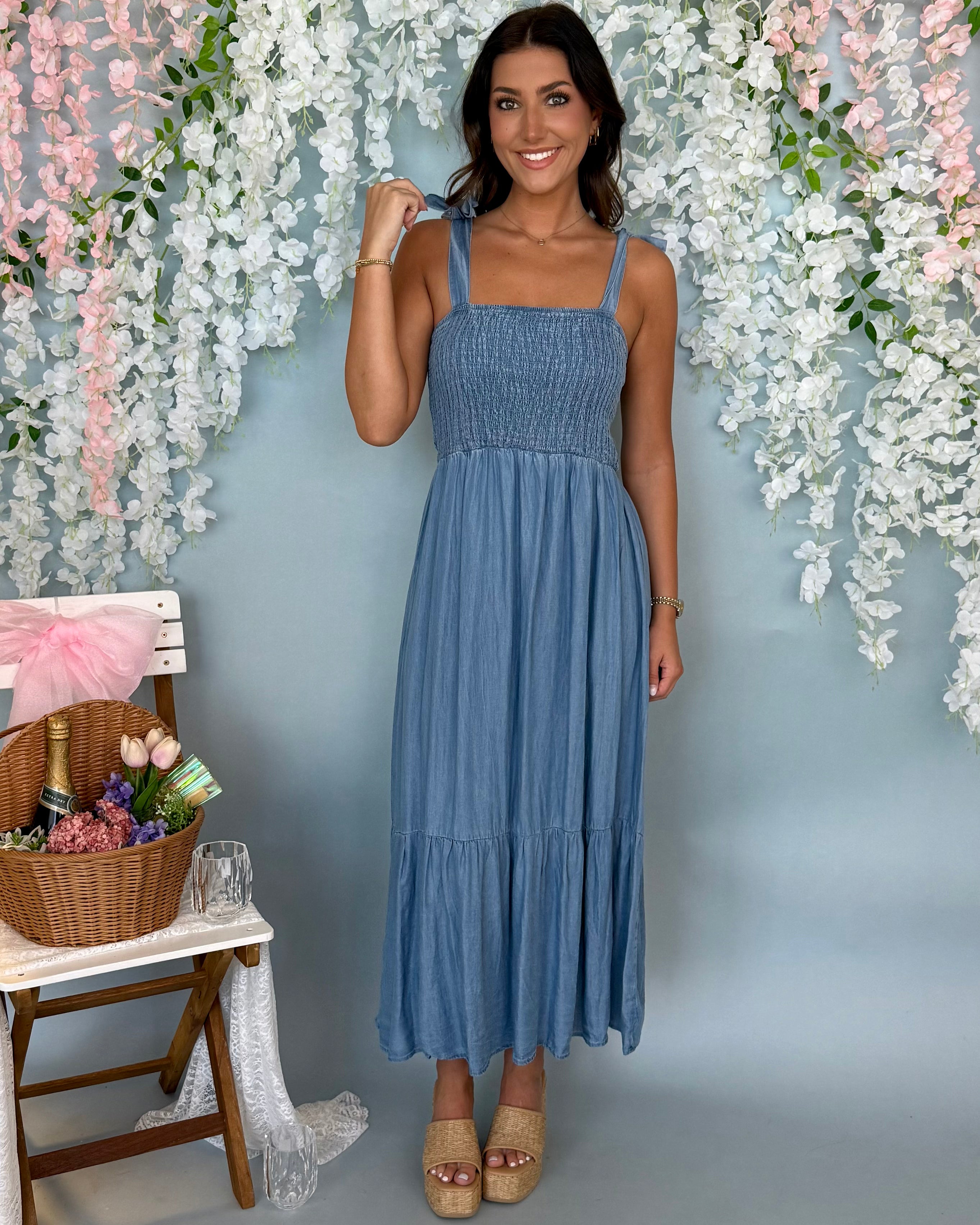 Sweet Looks Chambray Smocked Maxi Dress-Shop-Womens-Boutique-Clothing