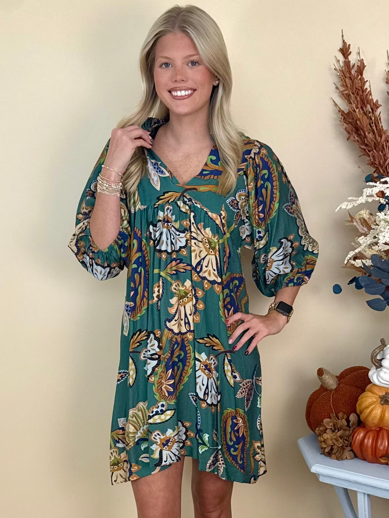 Autumn Breeze Lagoon Abstract Ruffle Dress-Shop-Womens-Boutique-Clothing