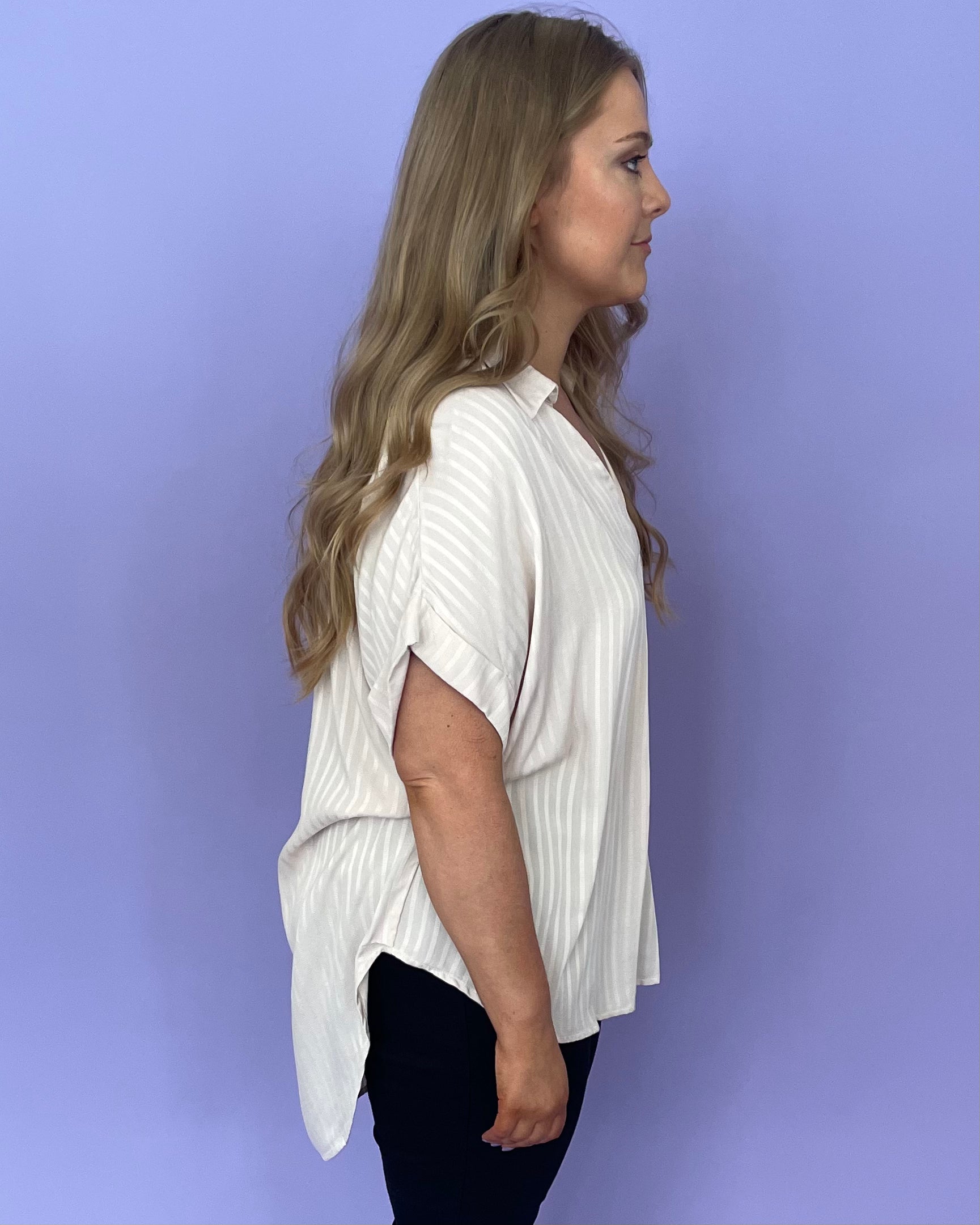 Just So Light Taupe Plus Striped Top-Shop-Womens-Boutique-Clothing