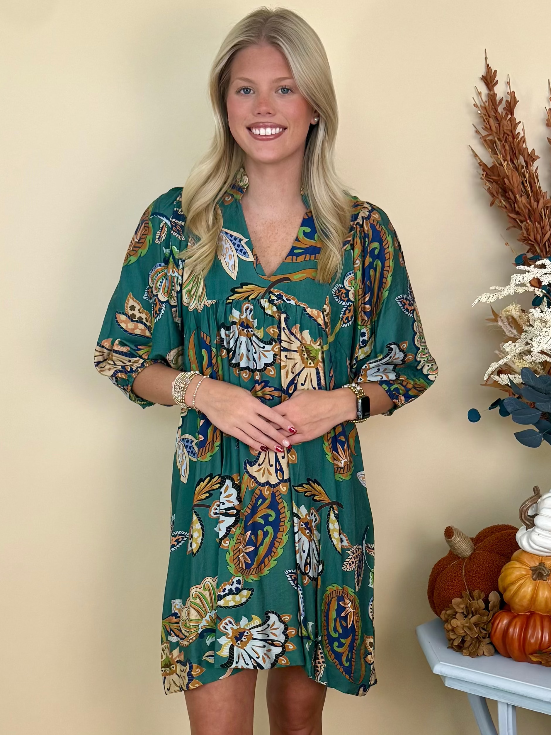 Autumn Breeze Lagoon Abstract Ruffle Dress-Shop-Womens-Boutique-Clothing