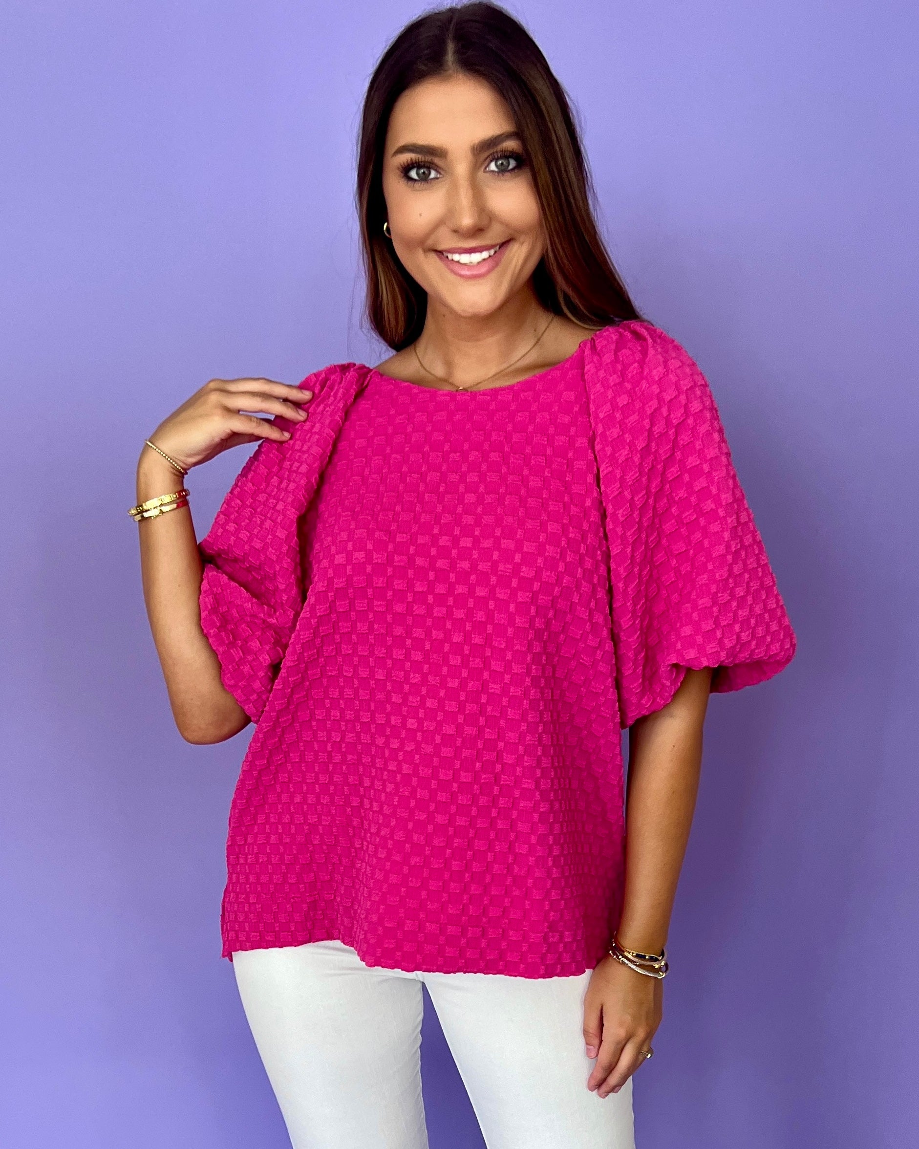 Speaking It Hot Pink Puff Top-Shop-Womens-Boutique-Clothing