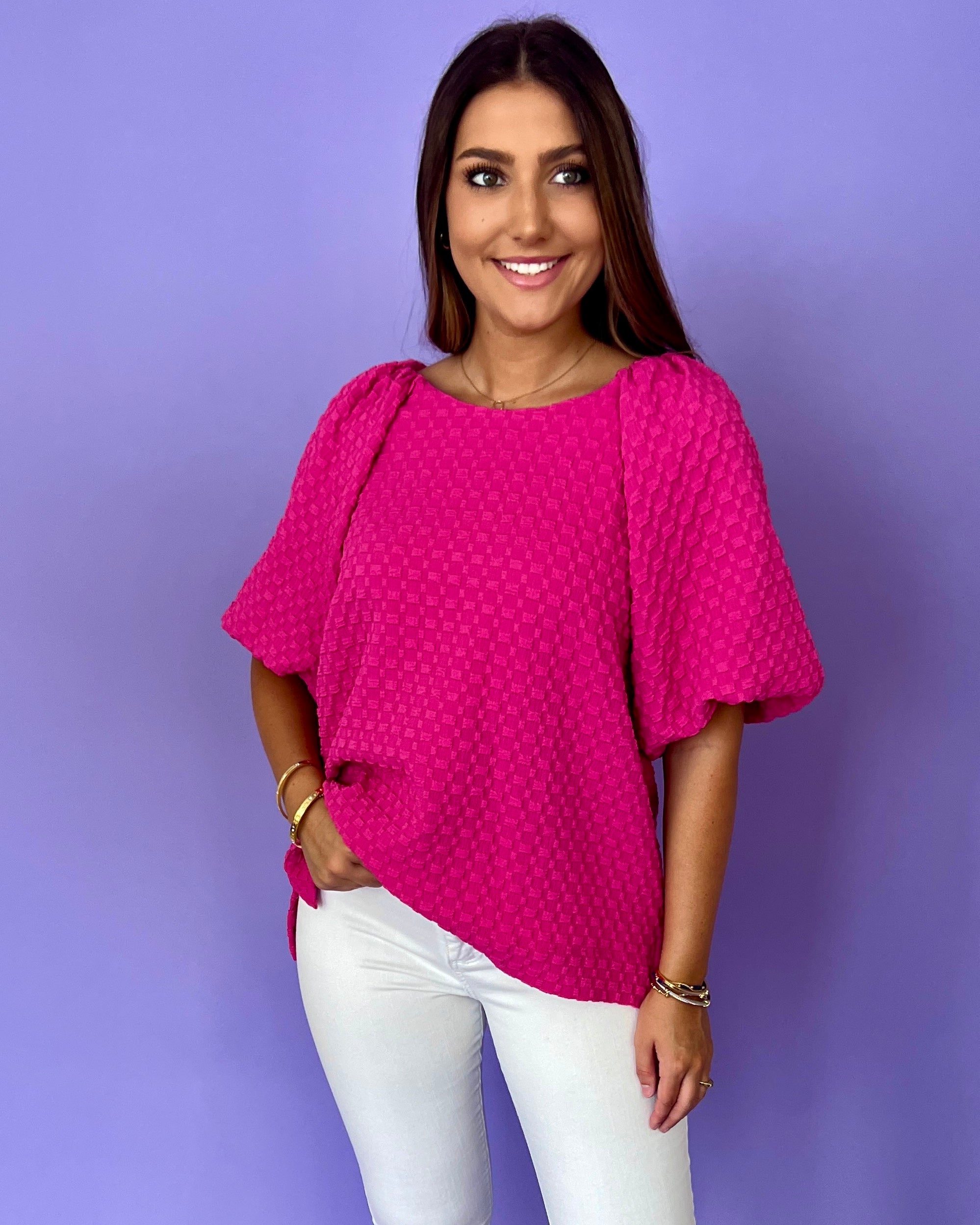 Speaking It Hot Pink Puff Top-Shop-Womens-Boutique-Clothing