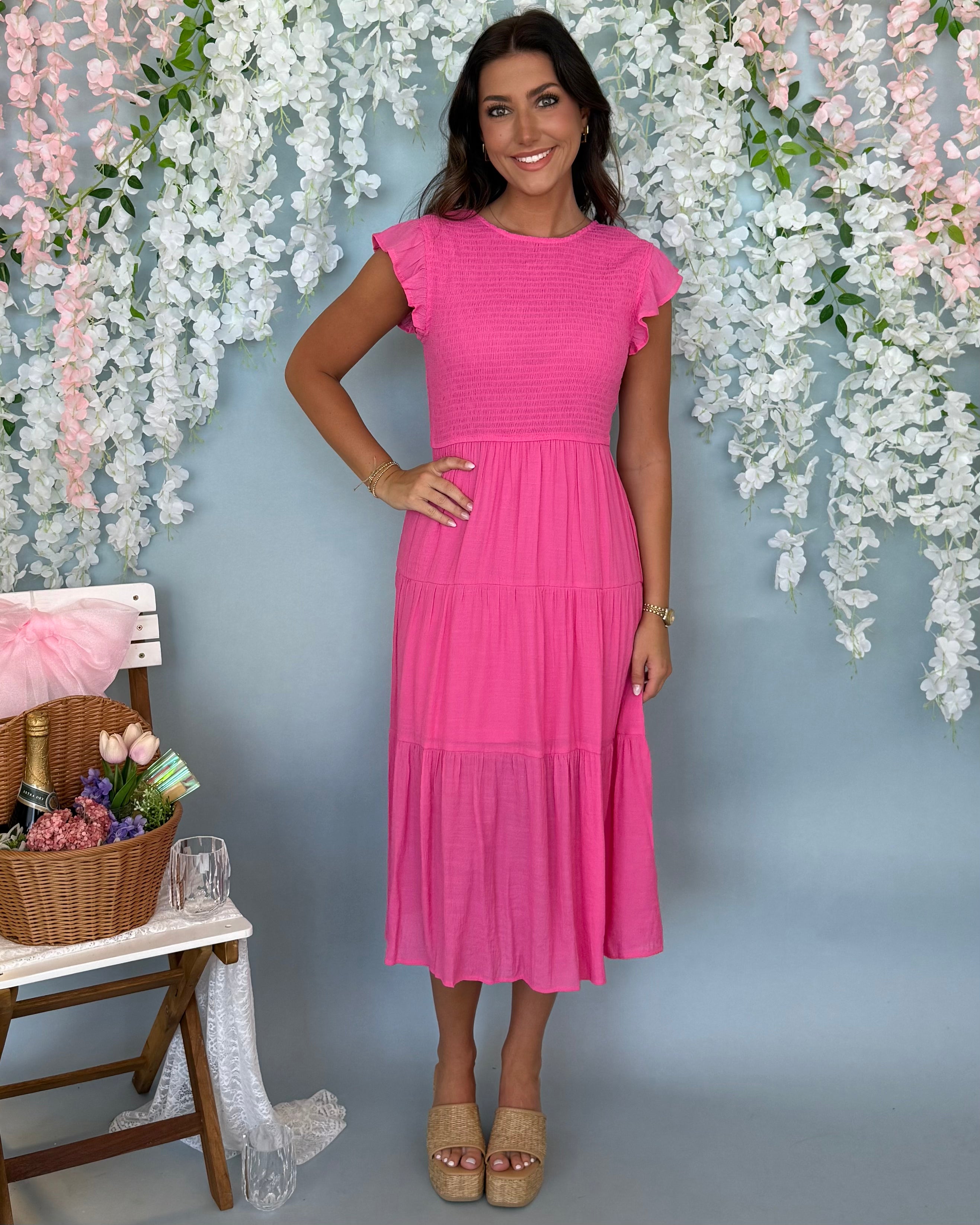 Your Call Pink Smocked Midi Dress-Shop-Womens-Boutique-Clothing
