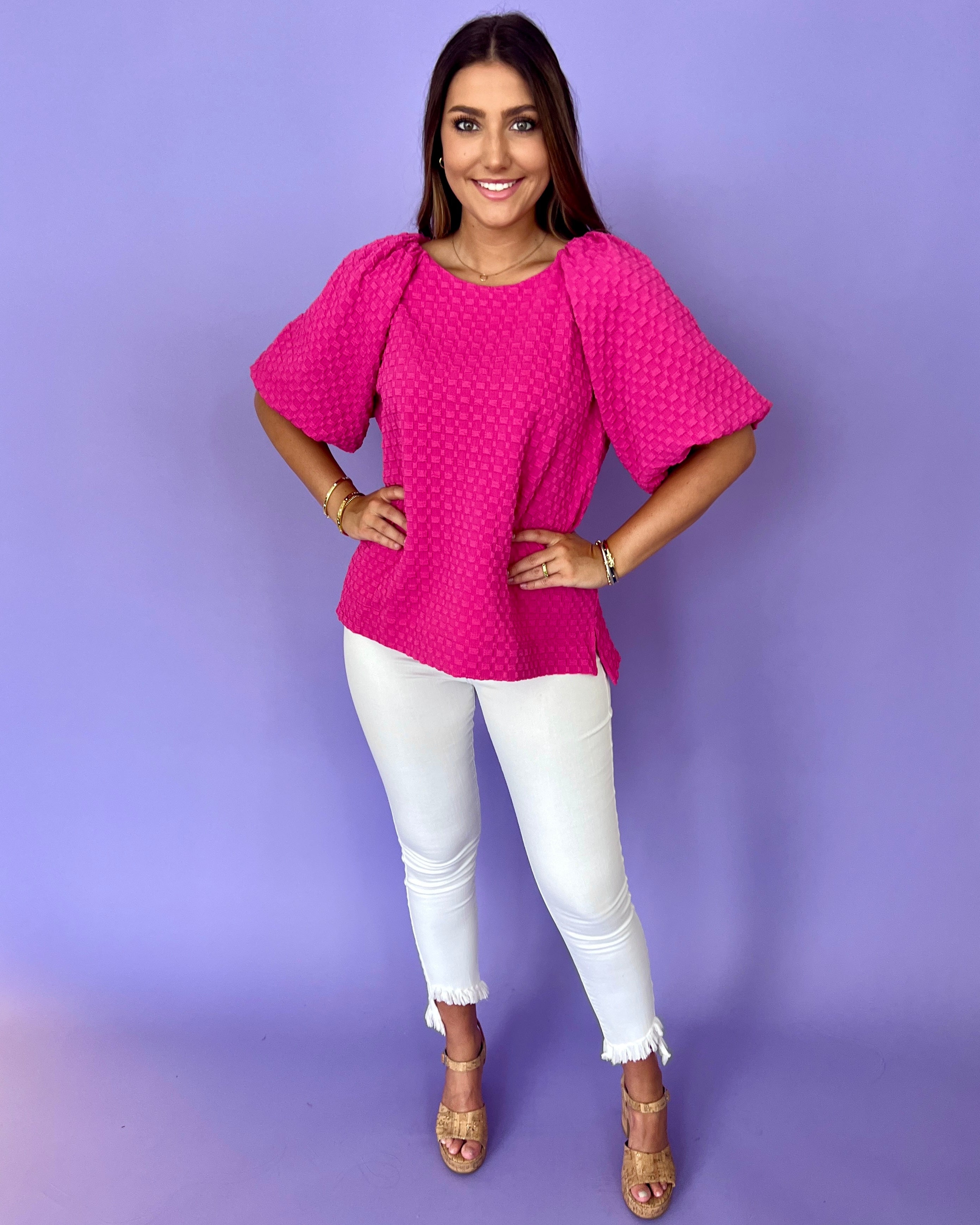 Speaking It Hot Pink Puff Top-Shop-Womens-Boutique-Clothing