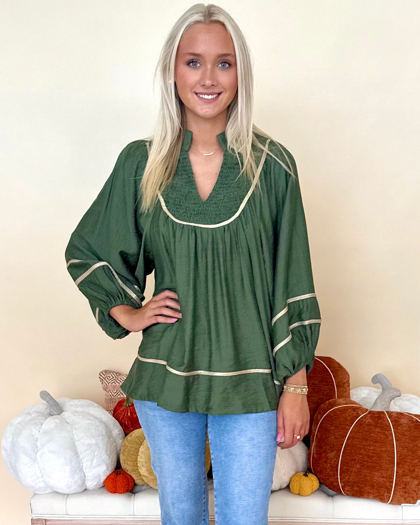 Moment Of Time Olive Smocked Piping Top-Shop-Womens-Boutique-Clothing