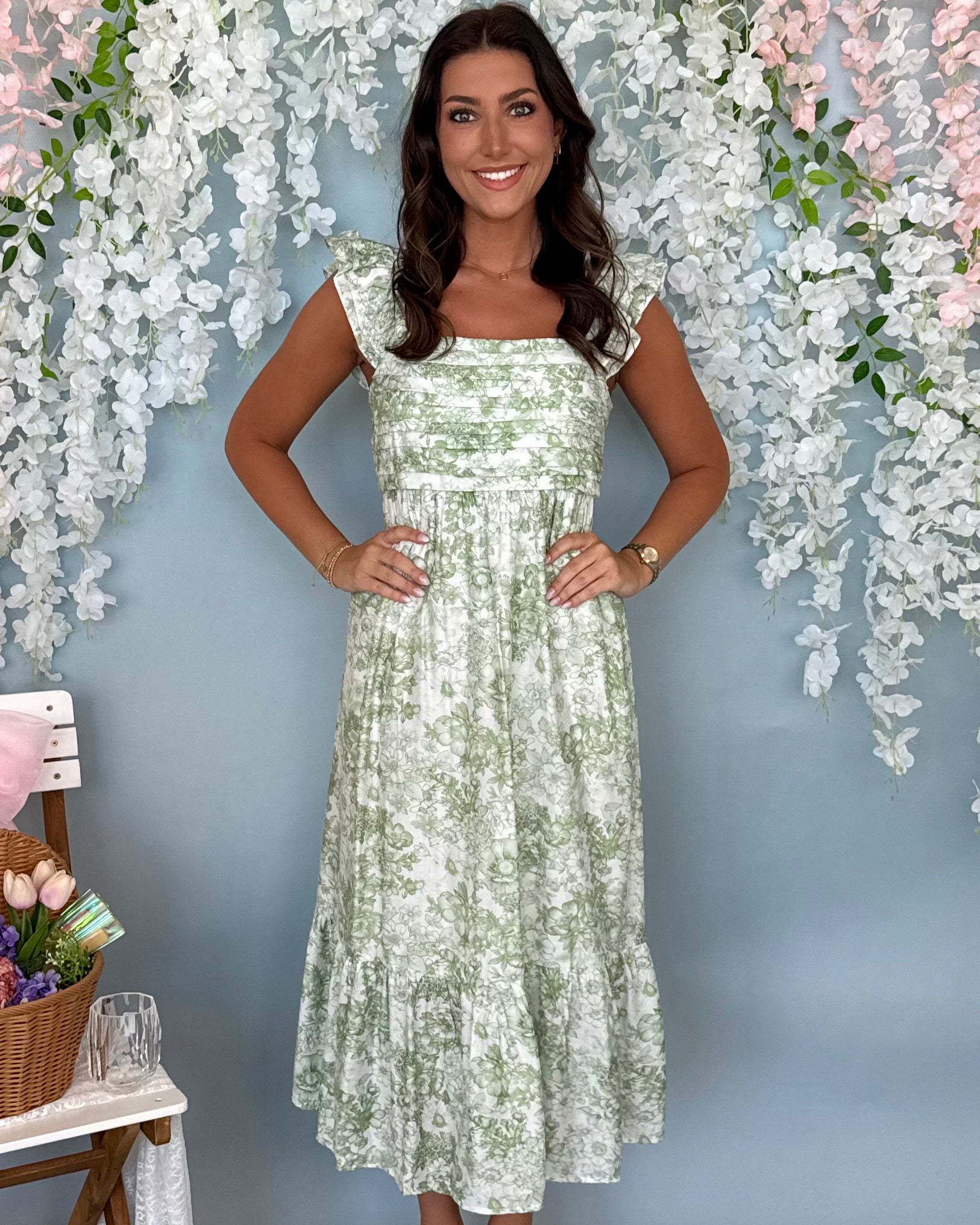 Park Picnic Green Pleated Floral Maxi Dress-Shop-Womens-Boutique-Clothing