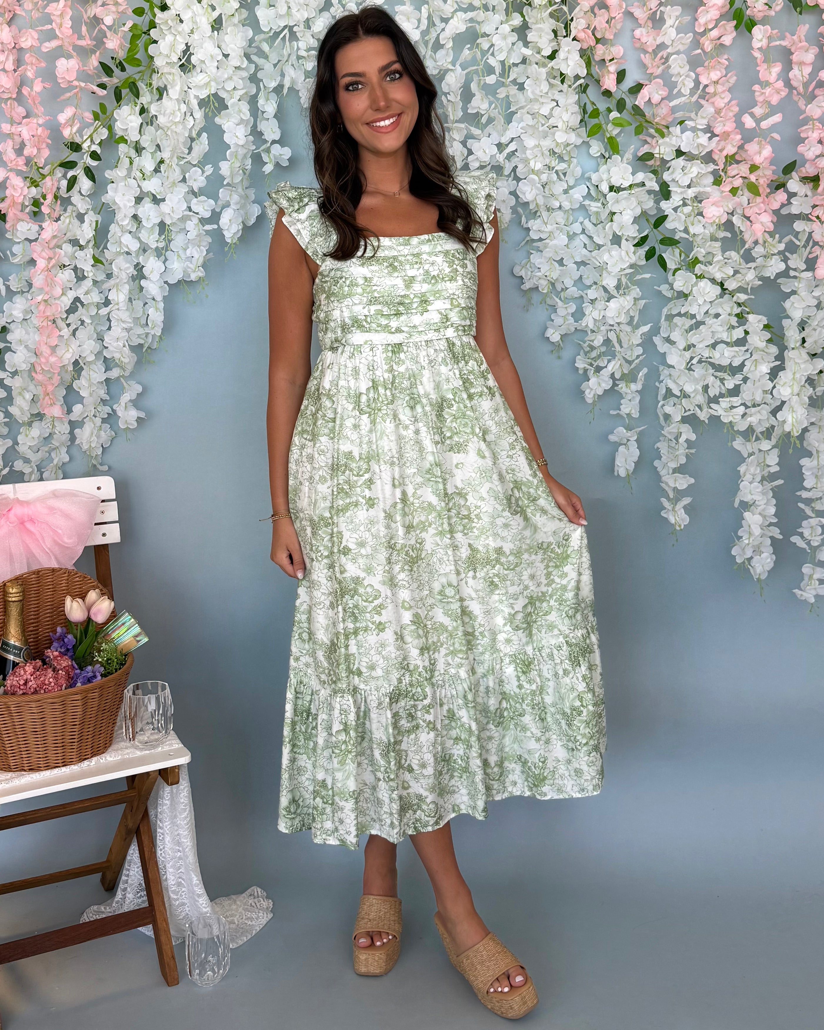 Park Picnic Green Pleated Floral Maxi Dress-Shop-Womens-Boutique-Clothing