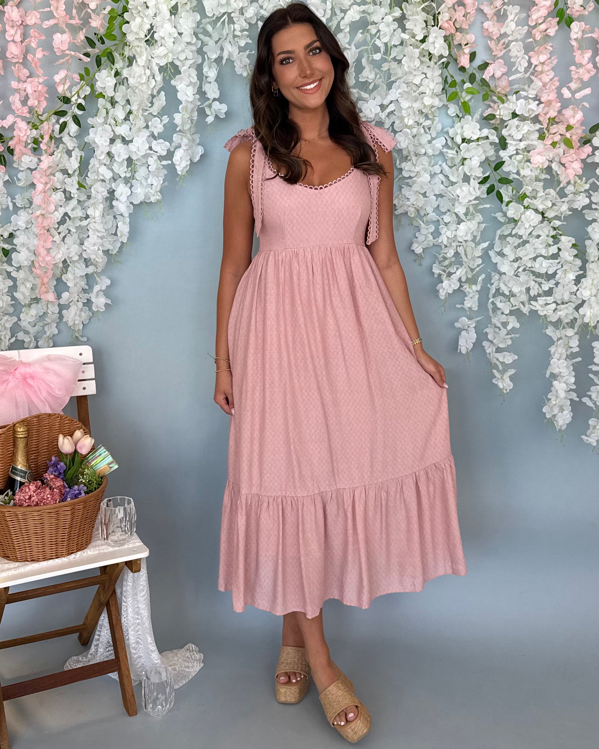 Quiet Skies Light Pink Eyelet Midi Dress-Shop-Womens-Boutique-Clothing