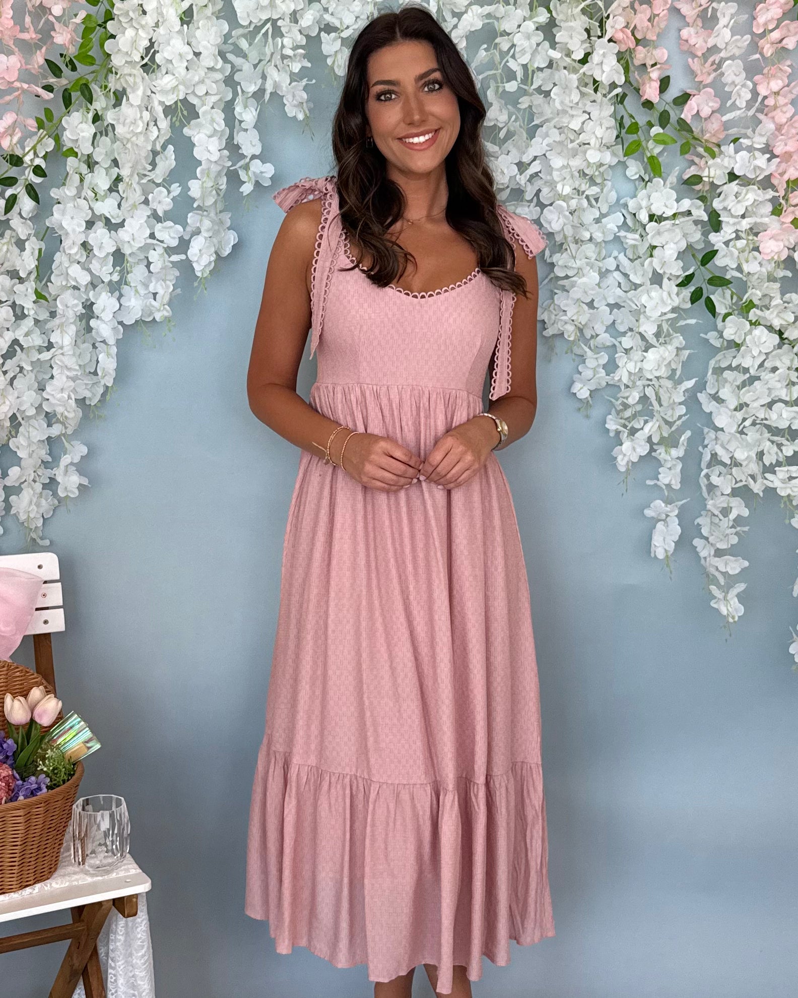 Quiet Skies Light Pink Eyelet Midi Dress-Shop-Womens-Boutique-Clothing