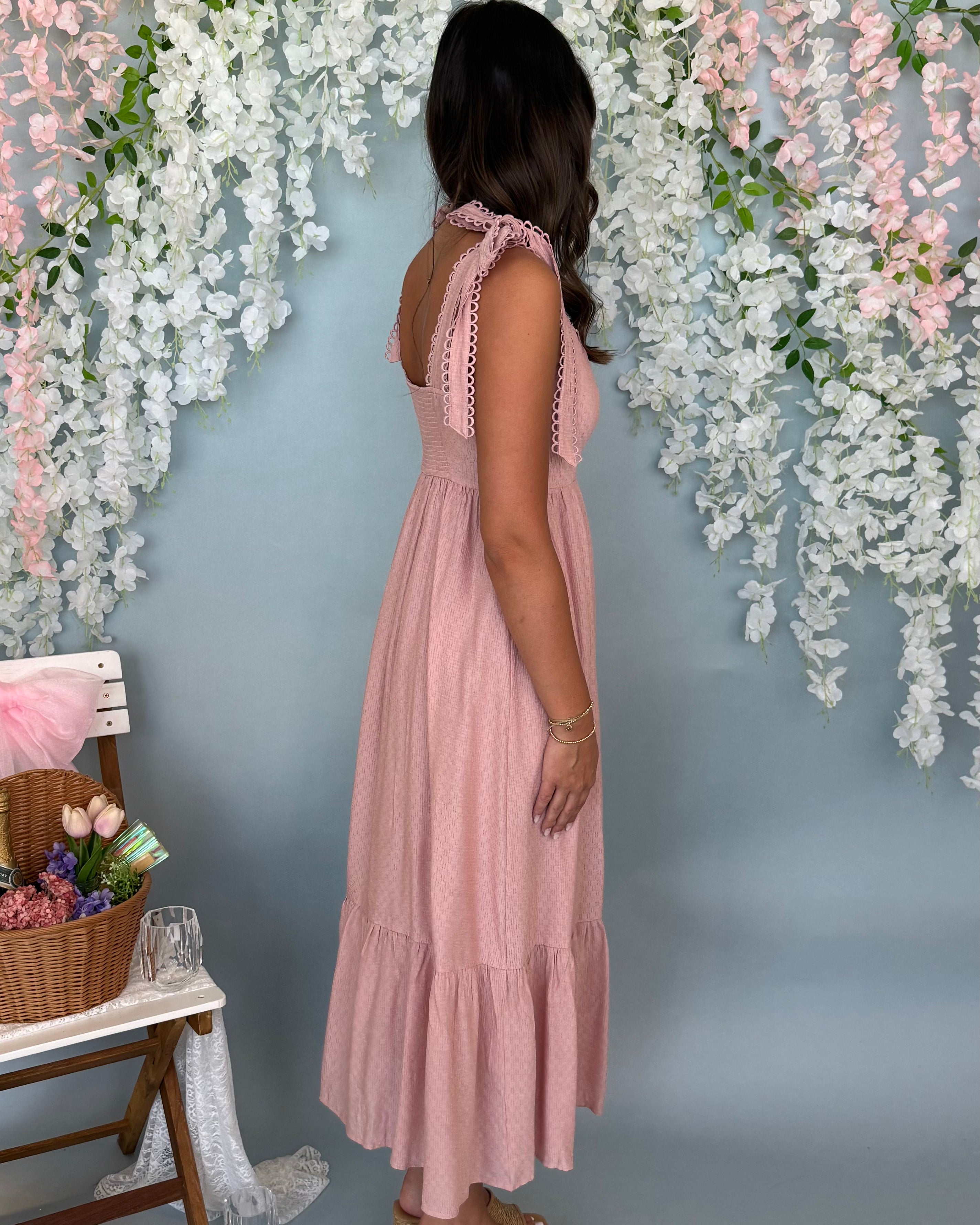 Quiet Skies Light Pink Eyelet Midi Dress-Shop-Womens-Boutique-Clothing