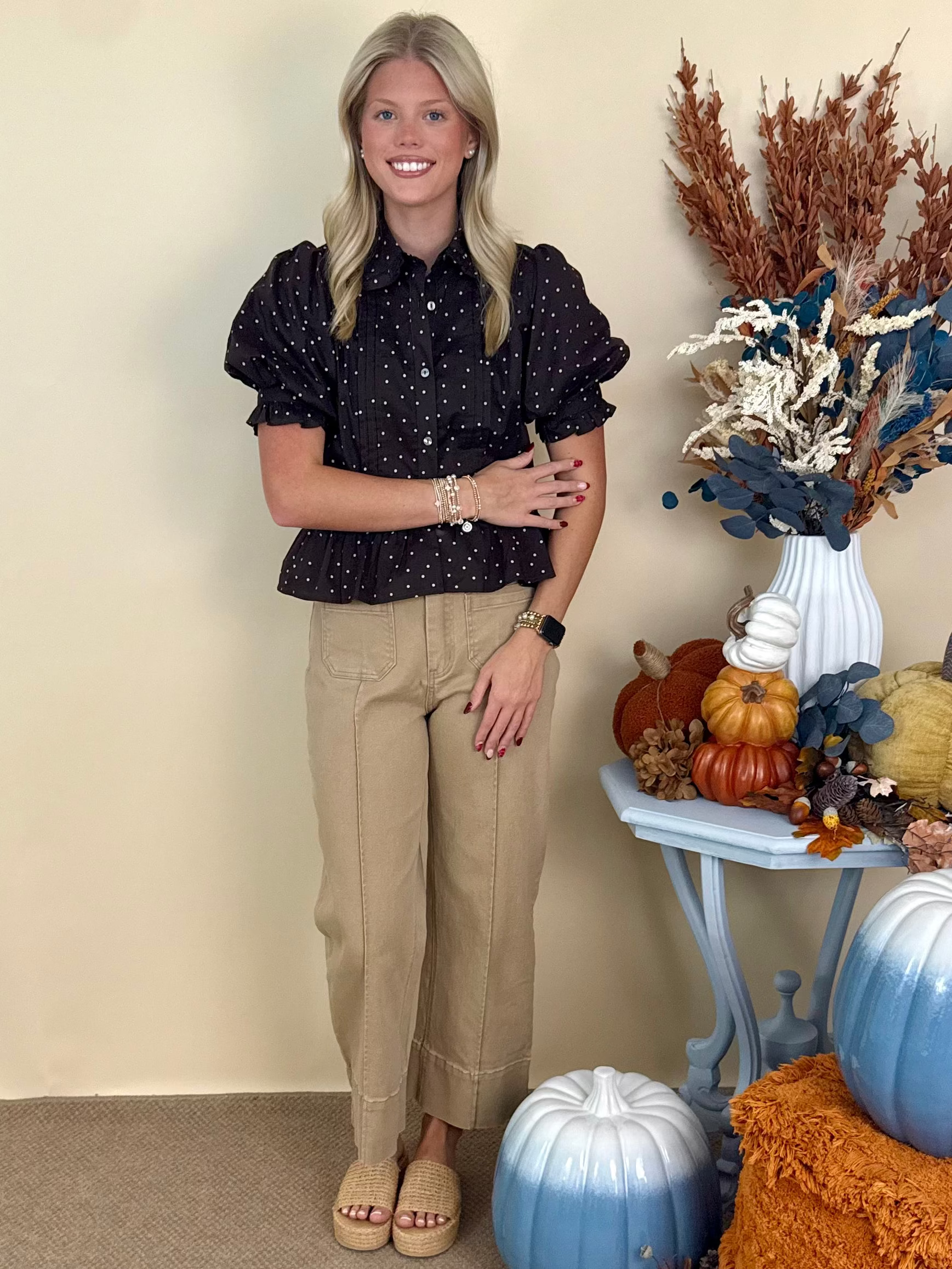 New Heights Brown Polka Dot Ruffle Detail Top-Shop-Womens-Boutique-Clothing