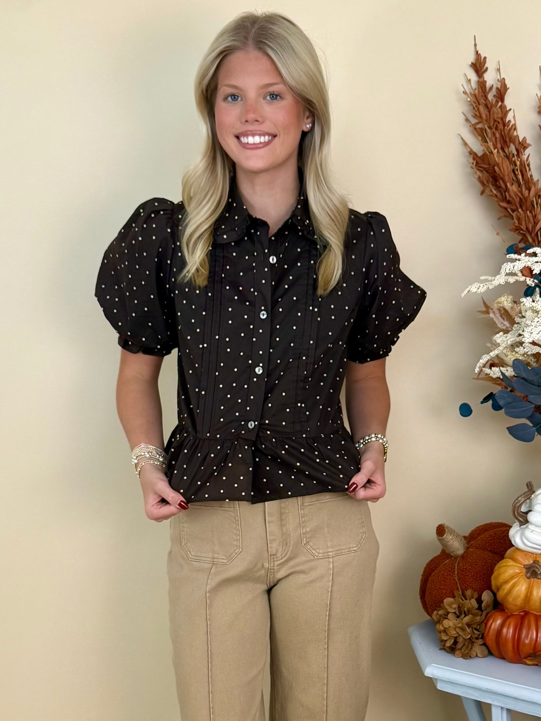 New Heights Brown Polka Dot Ruffle Detail Top-Shop-Womens-Boutique-Clothing
