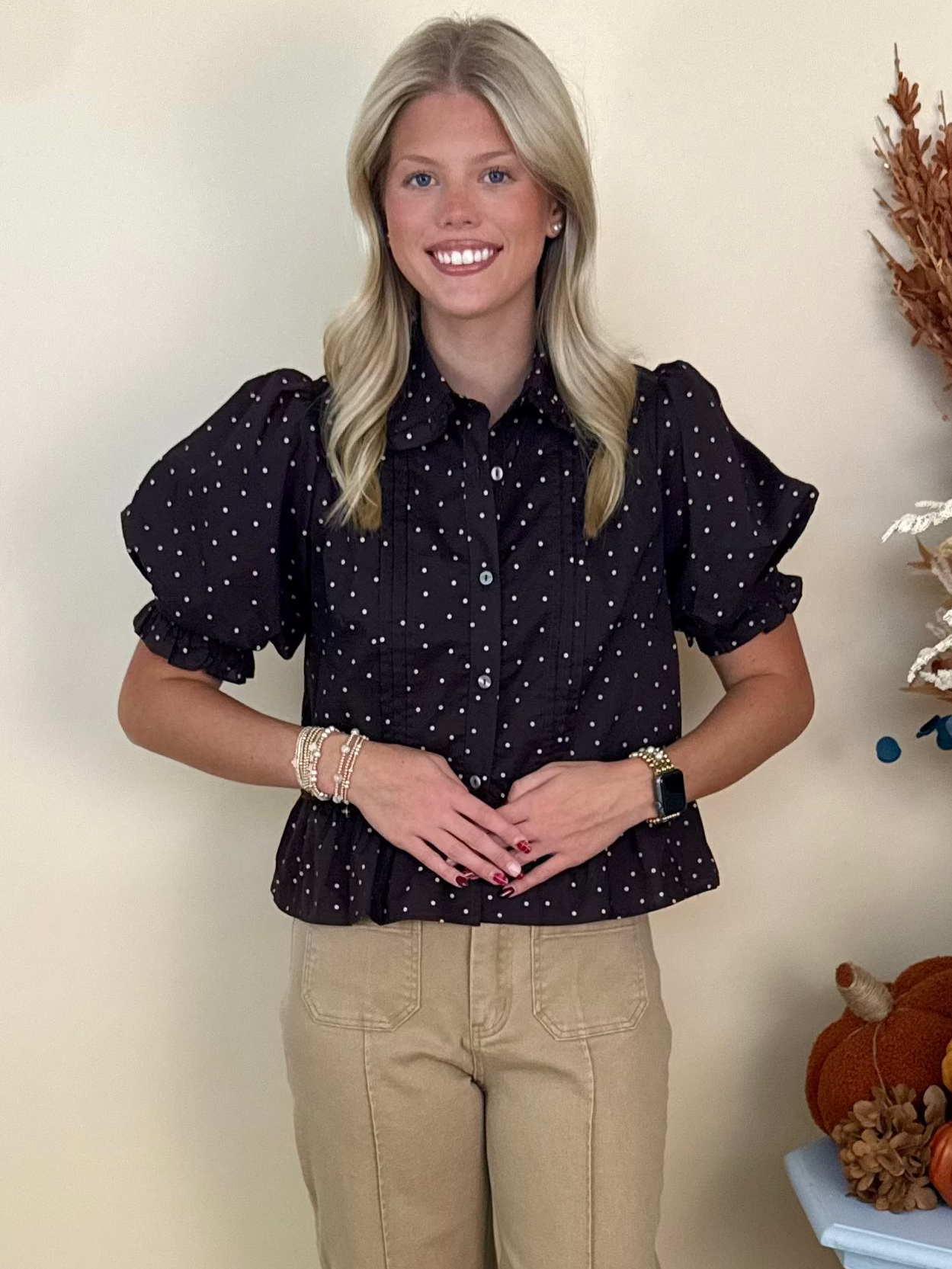 New Heights Brown Polka Dot Ruffle Detail Top-Shop-Womens-Boutique-Clothing