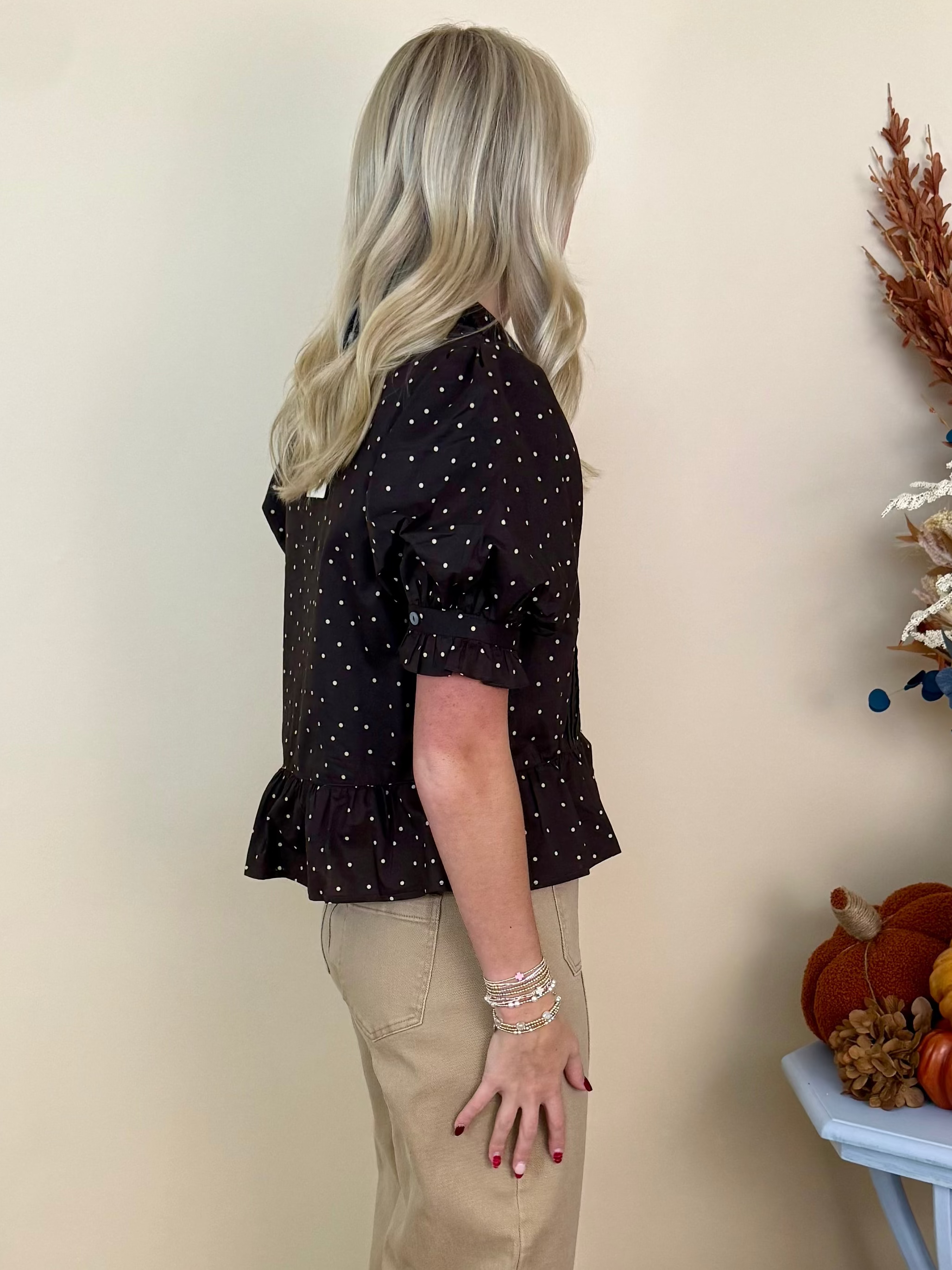 New Heights Brown Polka Dot Ruffle Detail Top-Shop-Womens-Boutique-Clothing