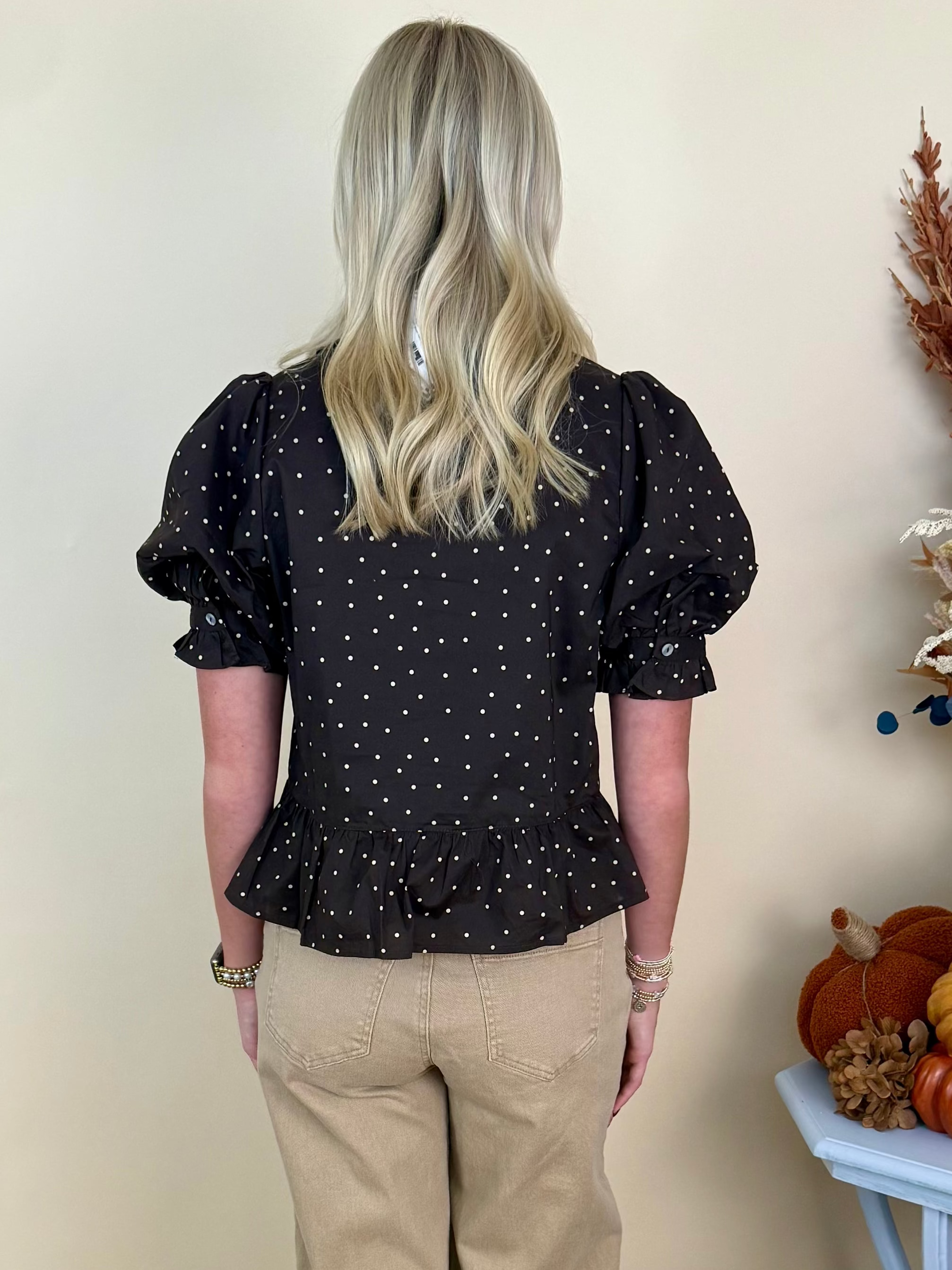 New Heights Brown Polka Dot Ruffle Detail Top-Shop-Womens-Boutique-Clothing