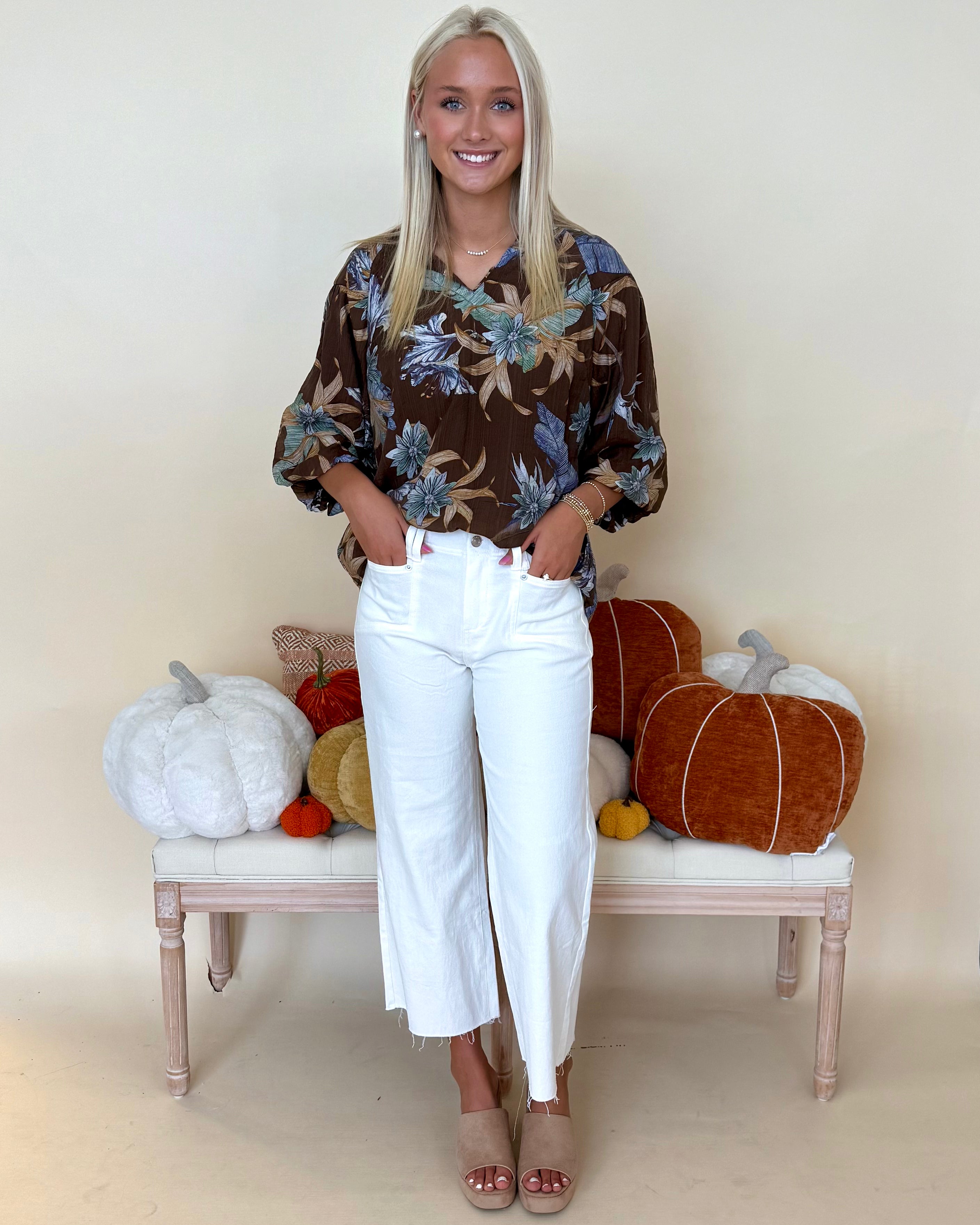 Always First Brown Mix Floral 3/4 Sleeve Top-Shop-Womens-Boutique-Clothing
