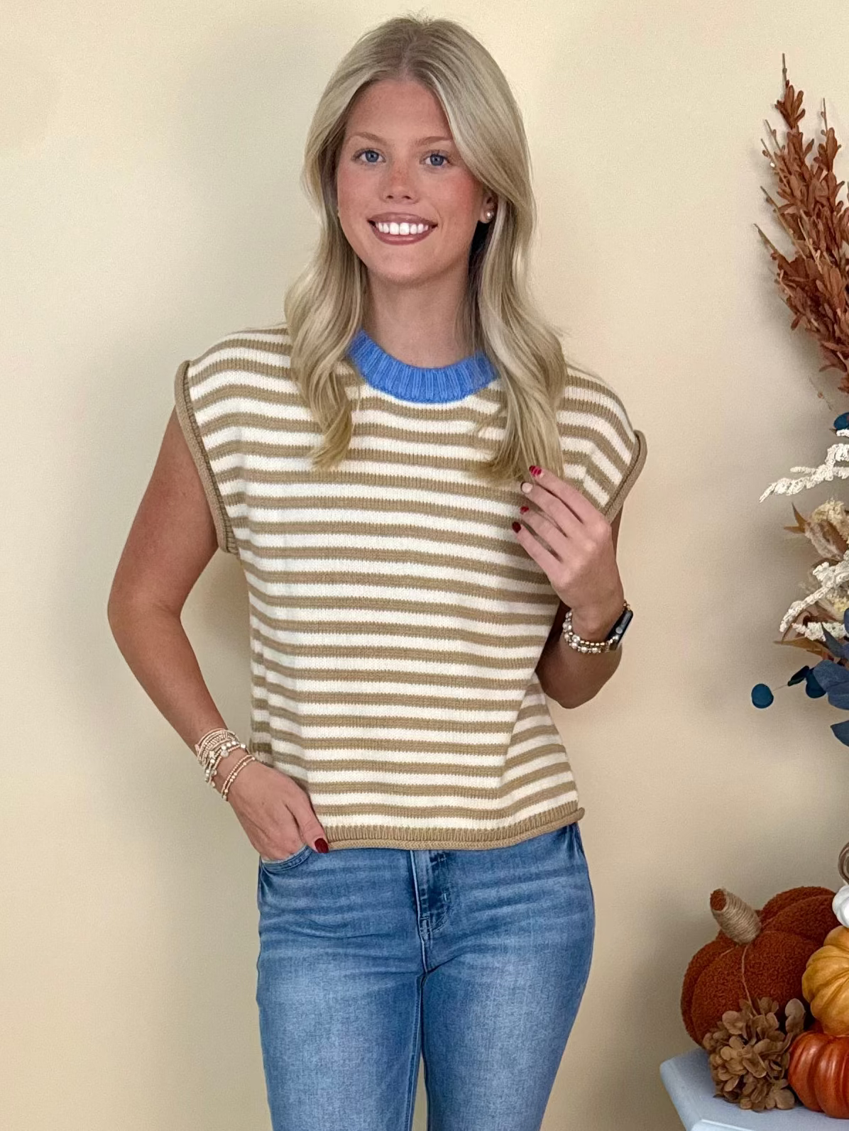 Bold Ambition Taupe Striped Sleeveless Sweater-Shop-Womens-Boutique-Clothing