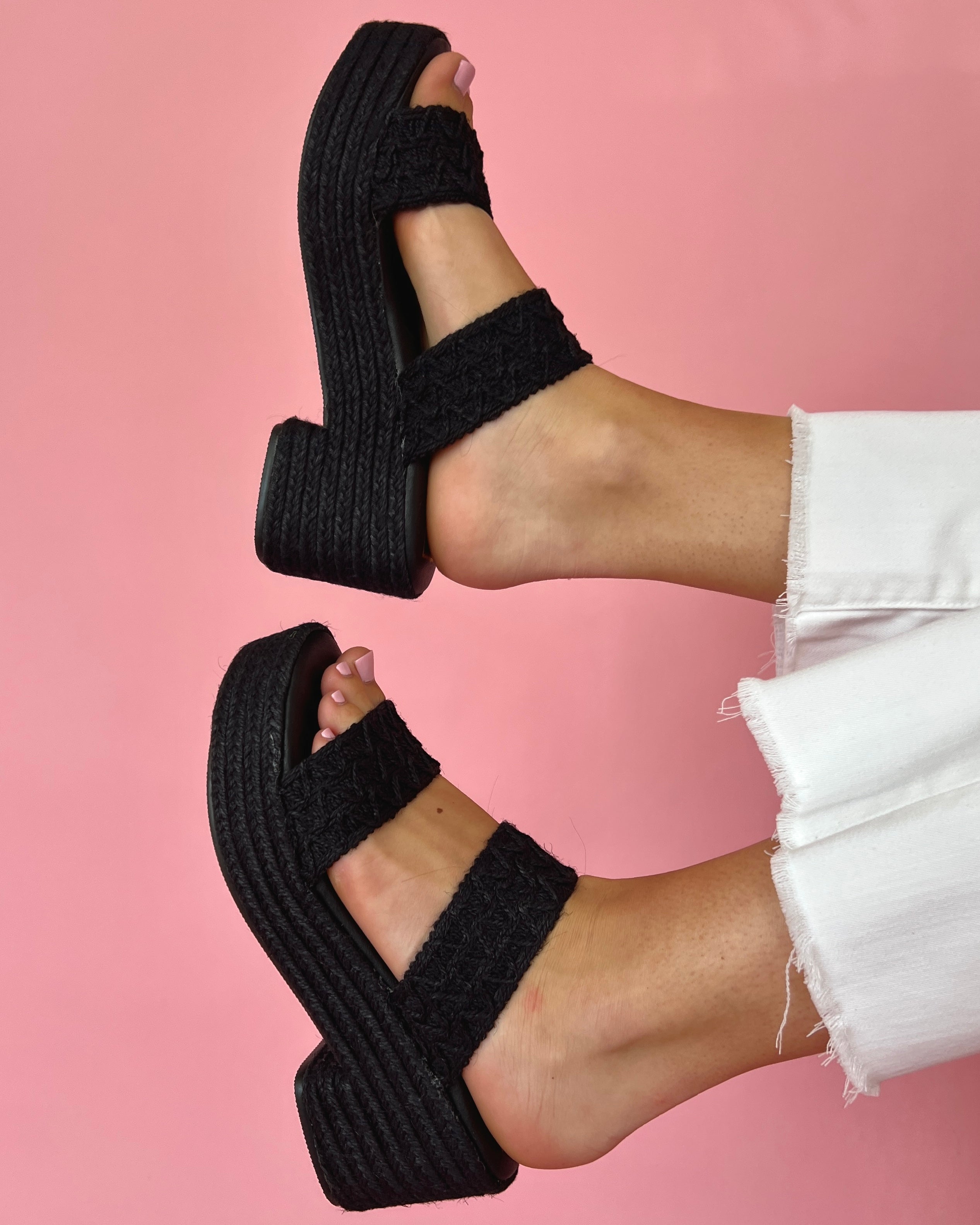 Reese Black String Design Double Strap Wedges-Shop-Womens-Boutique-Clothing