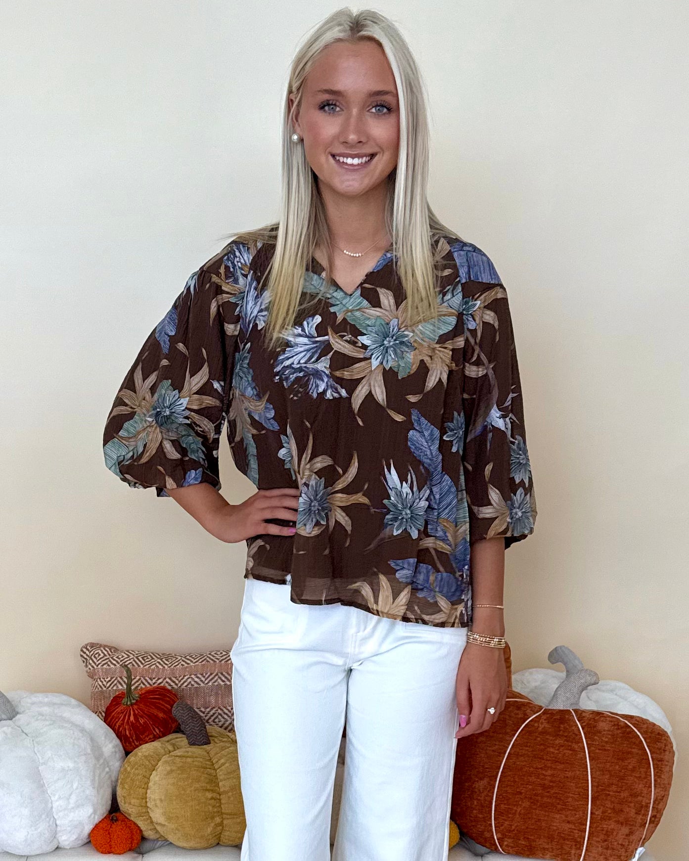 Always First Brown Mix Floral 3/4 Sleeve Top-Shop-Womens-Boutique-Clothing