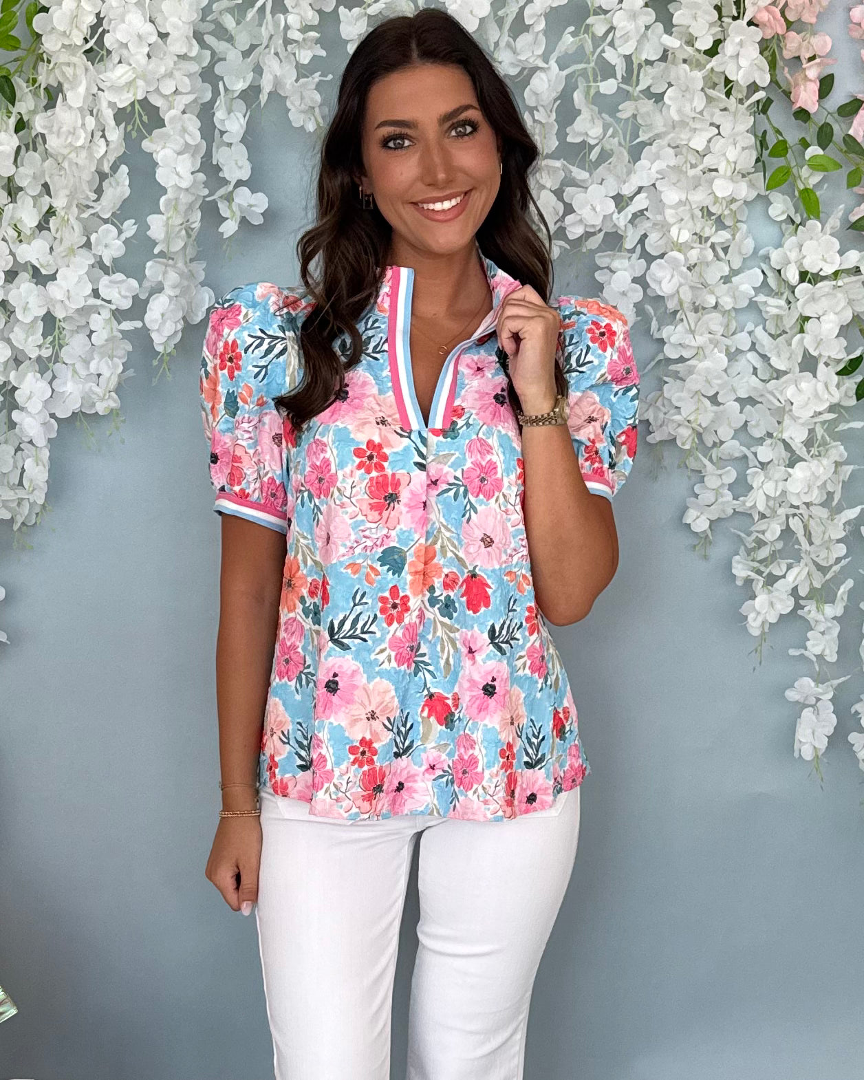 Favorite Love Pink/Aqua Floral Banded Top-Shop-Womens-Boutique-Clothing