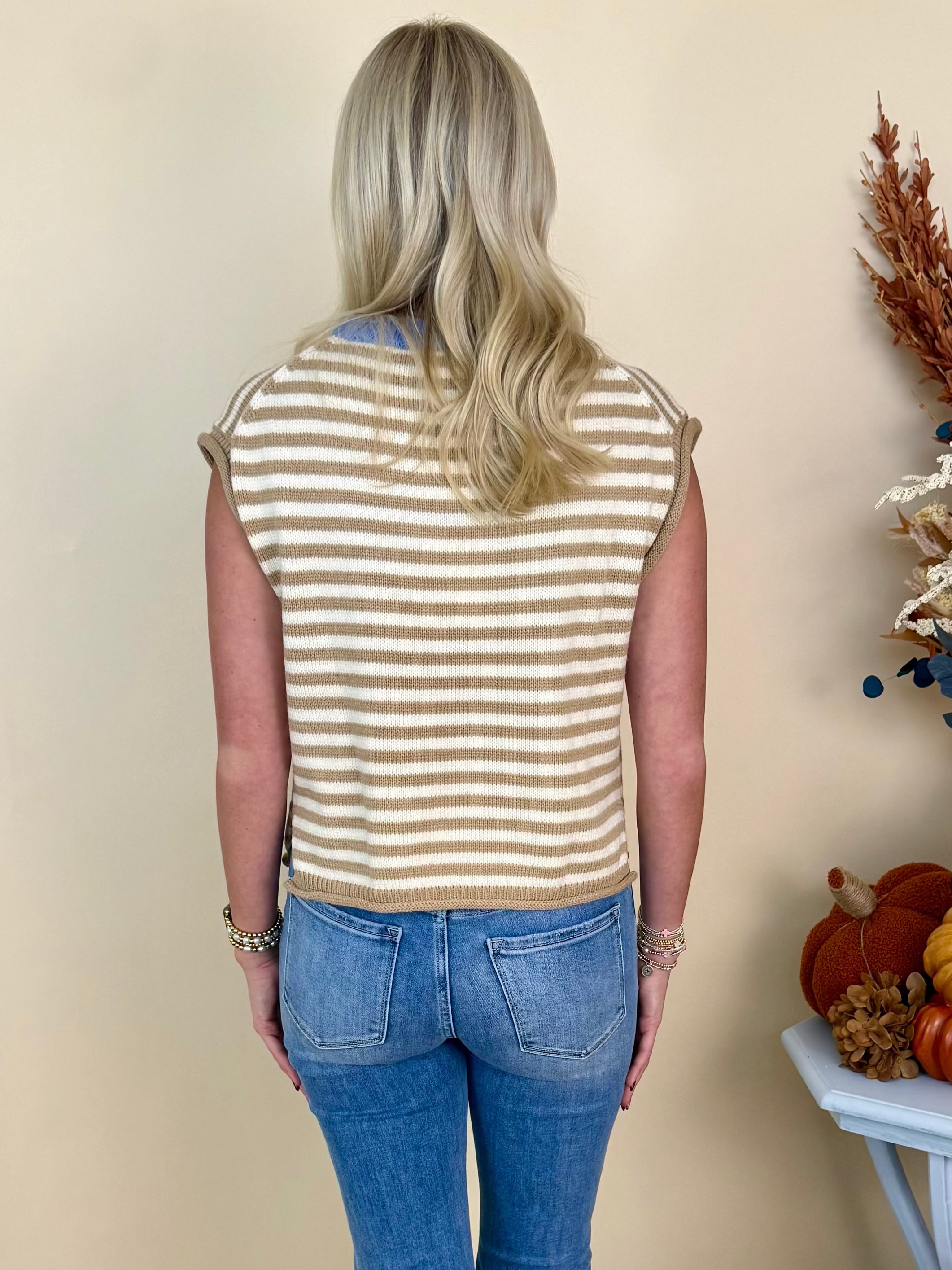 Bold Ambition Taupe Striped Sleeveless Sweater-Shop-Womens-Boutique-Clothing