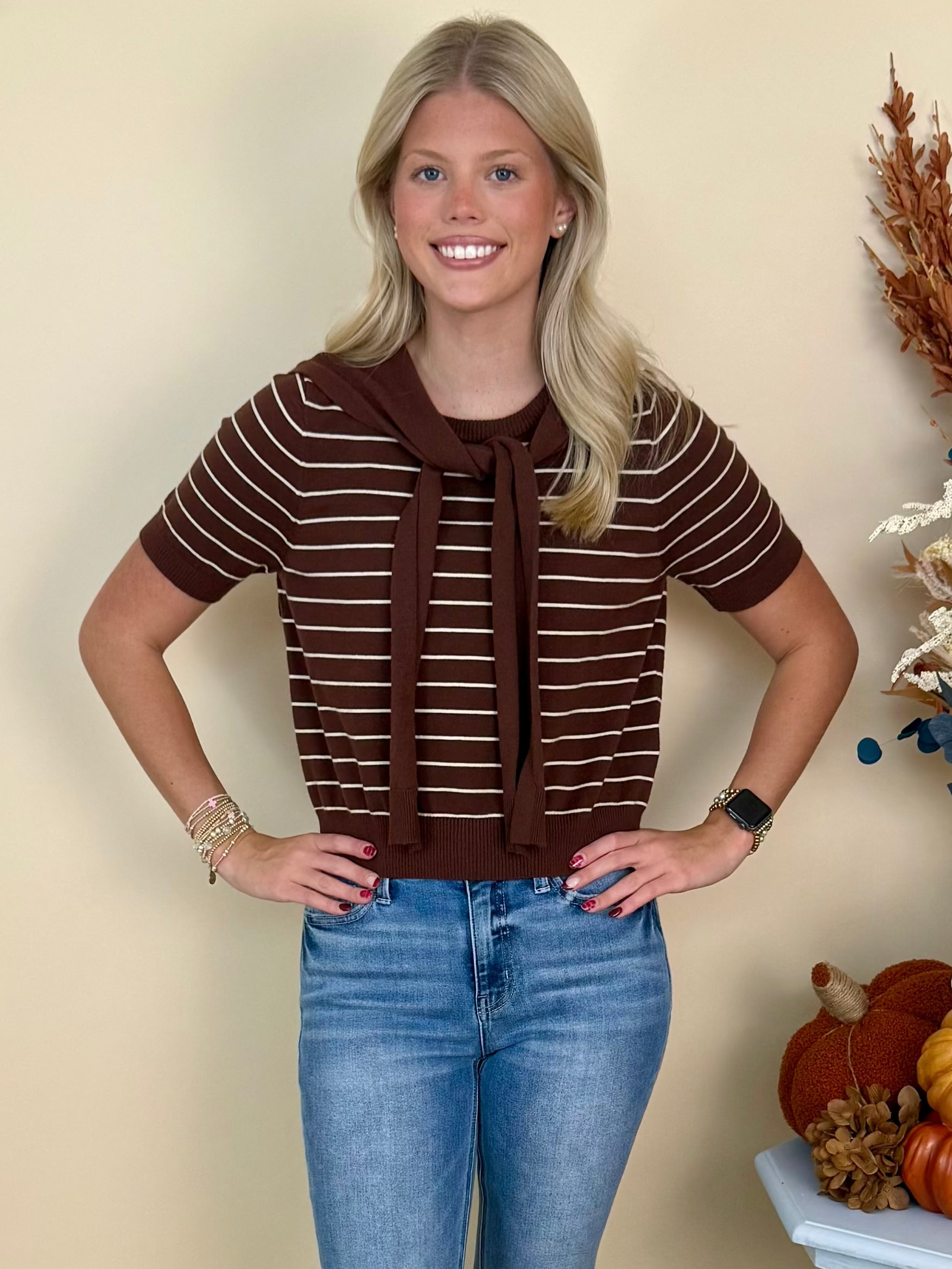 Sweet Personality Brown Striped Front Tie Sweater-Shop-Womens-Boutique-Clothing
