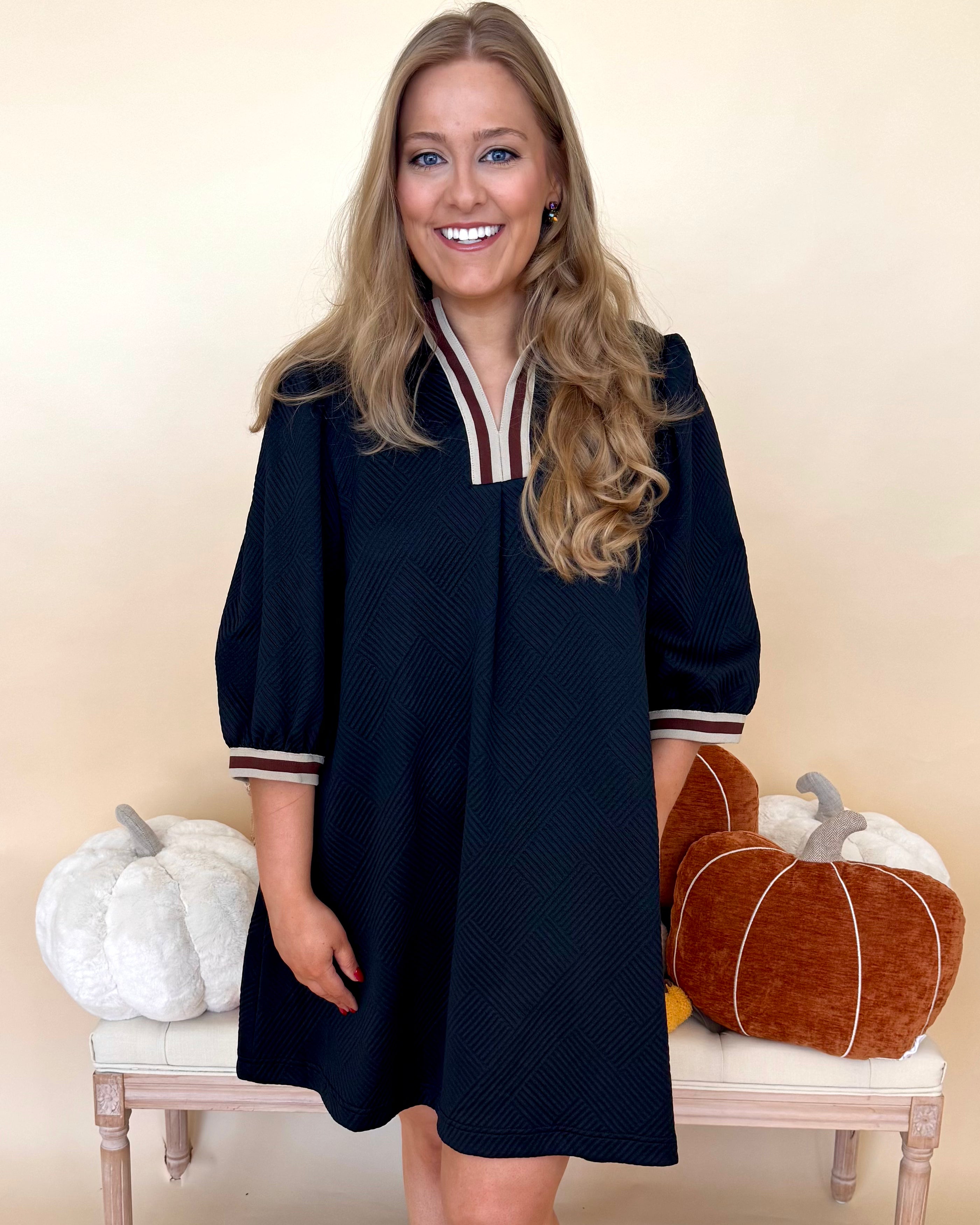 Return To It Plus Black Jacquard Stripe Dress-Shop-Womens-Boutique-Clothing