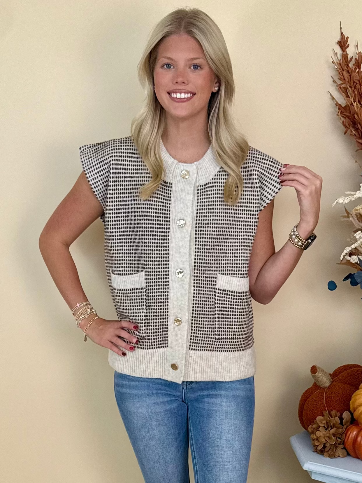 Fall Muse Oatmeal Dot Button Down Sweater Vest-Shop-Womens-Boutique-Clothing