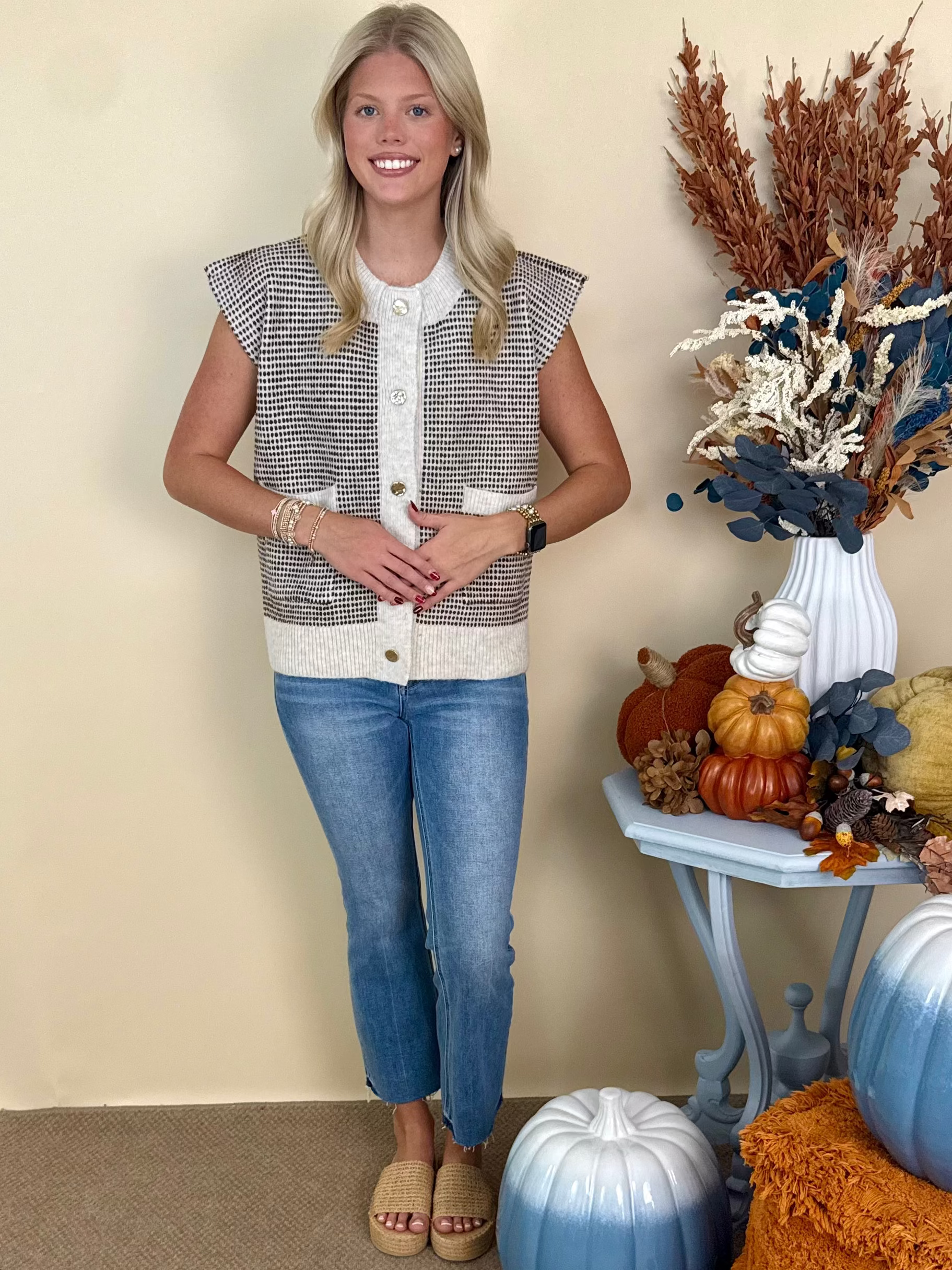 Fall Muse Oatmeal Dot Button Down Sweater Vest-Shop-Womens-Boutique-Clothing