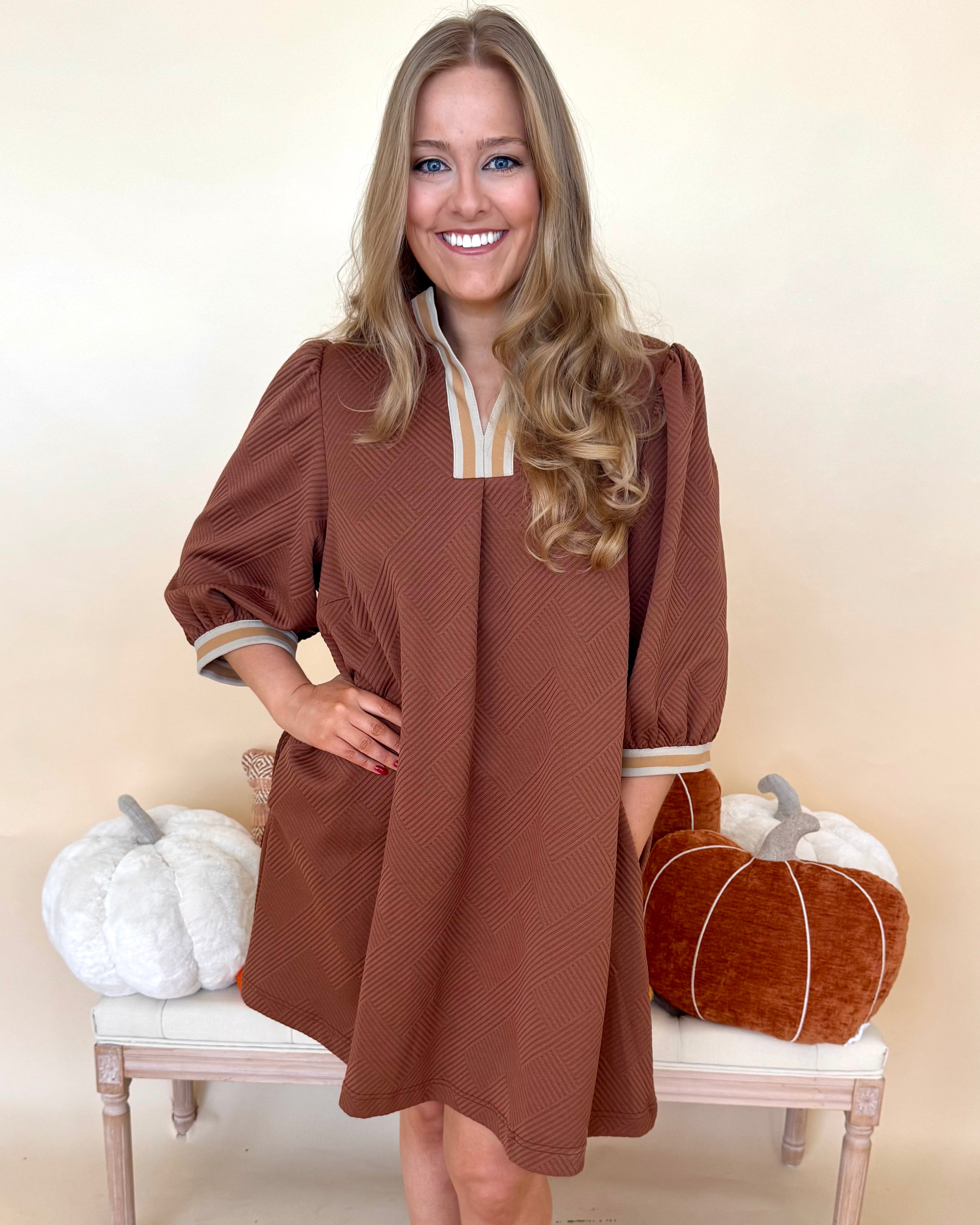 Return To It Plus Brown Jacquard Stripe Dress-Shop-Womens-Boutique-Clothing