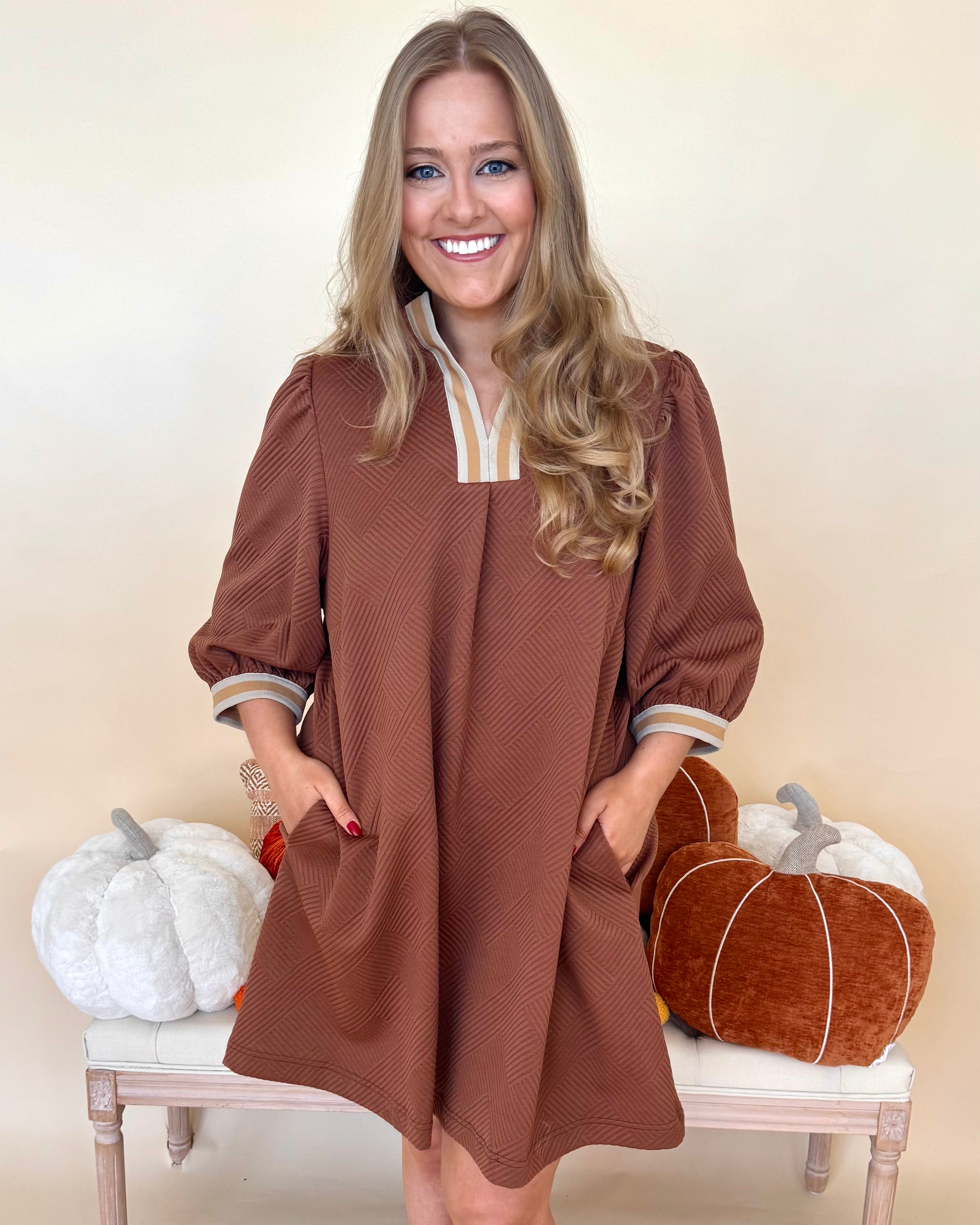 Return To It Plus Brown Jacquard Stripe Dress-Shop-Womens-Boutique-Clothing