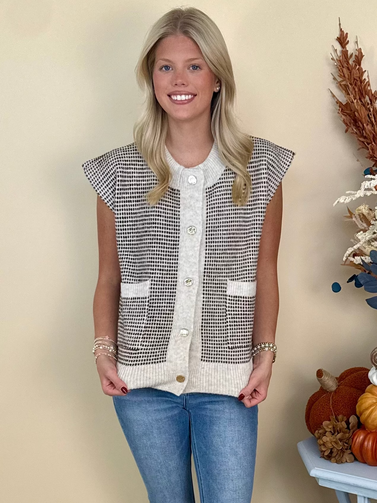 Fall Muse Oatmeal Dot Button Down Sweater Vest-Shop-Womens-Boutique-Clothing