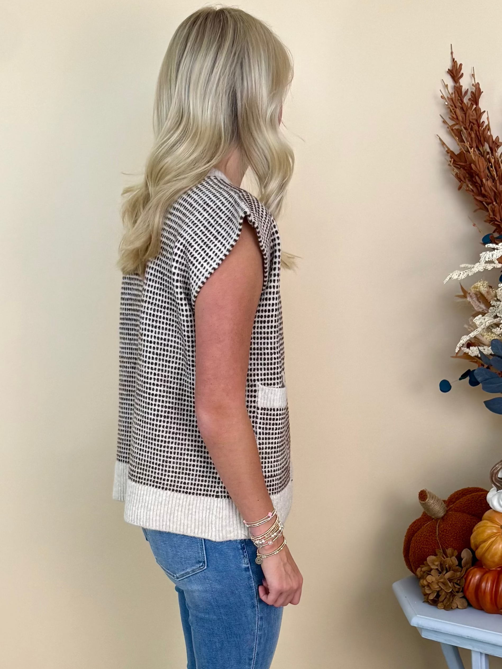 Fall Muse Oatmeal Dot Button Down Sweater Vest-Shop-Womens-Boutique-Clothing