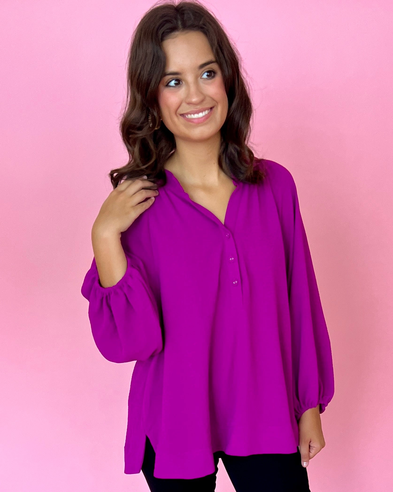 Keep It On Lock Magenta Split Neck Button Top-Shop-Womens-Boutique-Clothing
