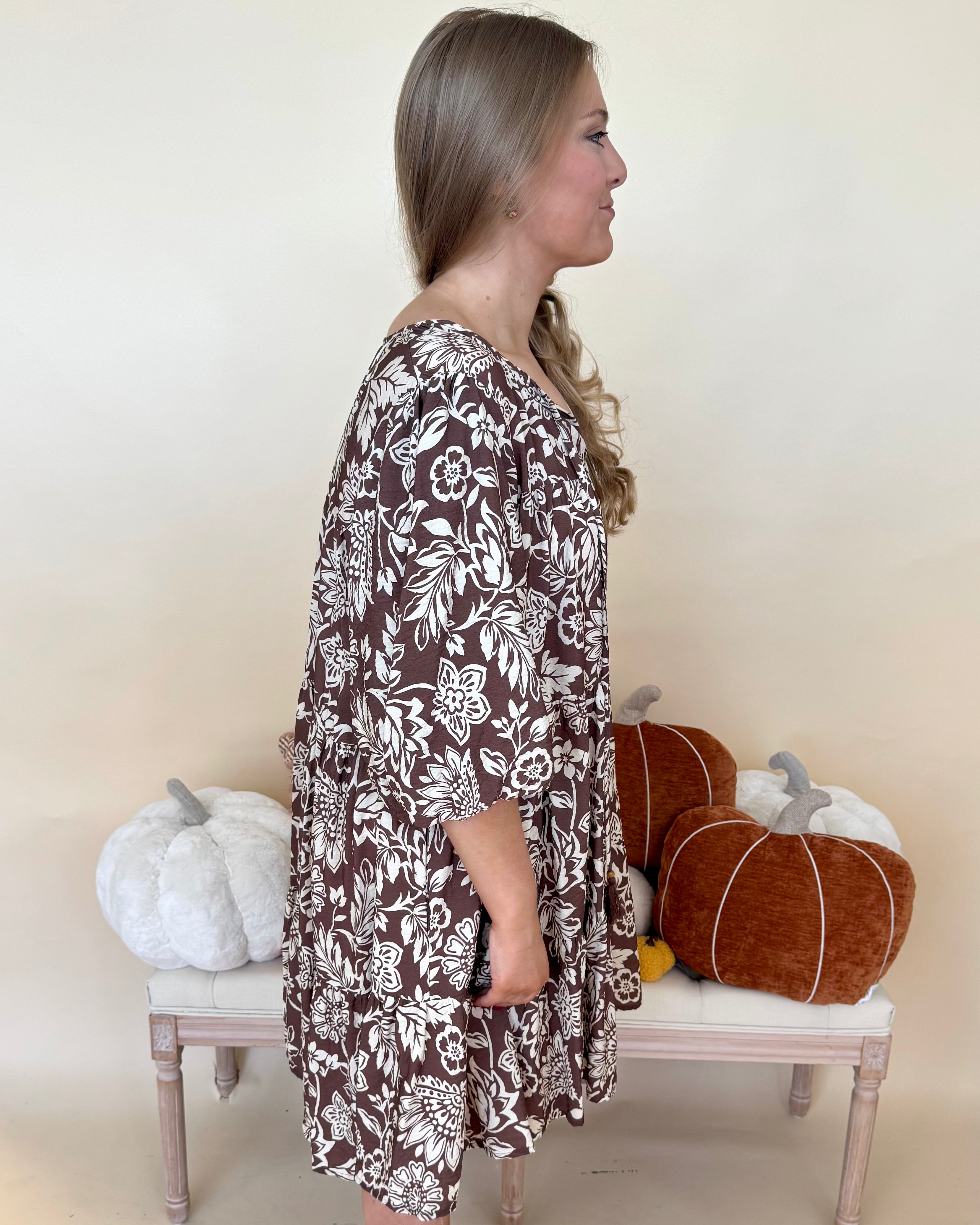 Uptown Views Mocha Plus Print Babydoll Dress-Shop-Womens-Boutique-Clothing