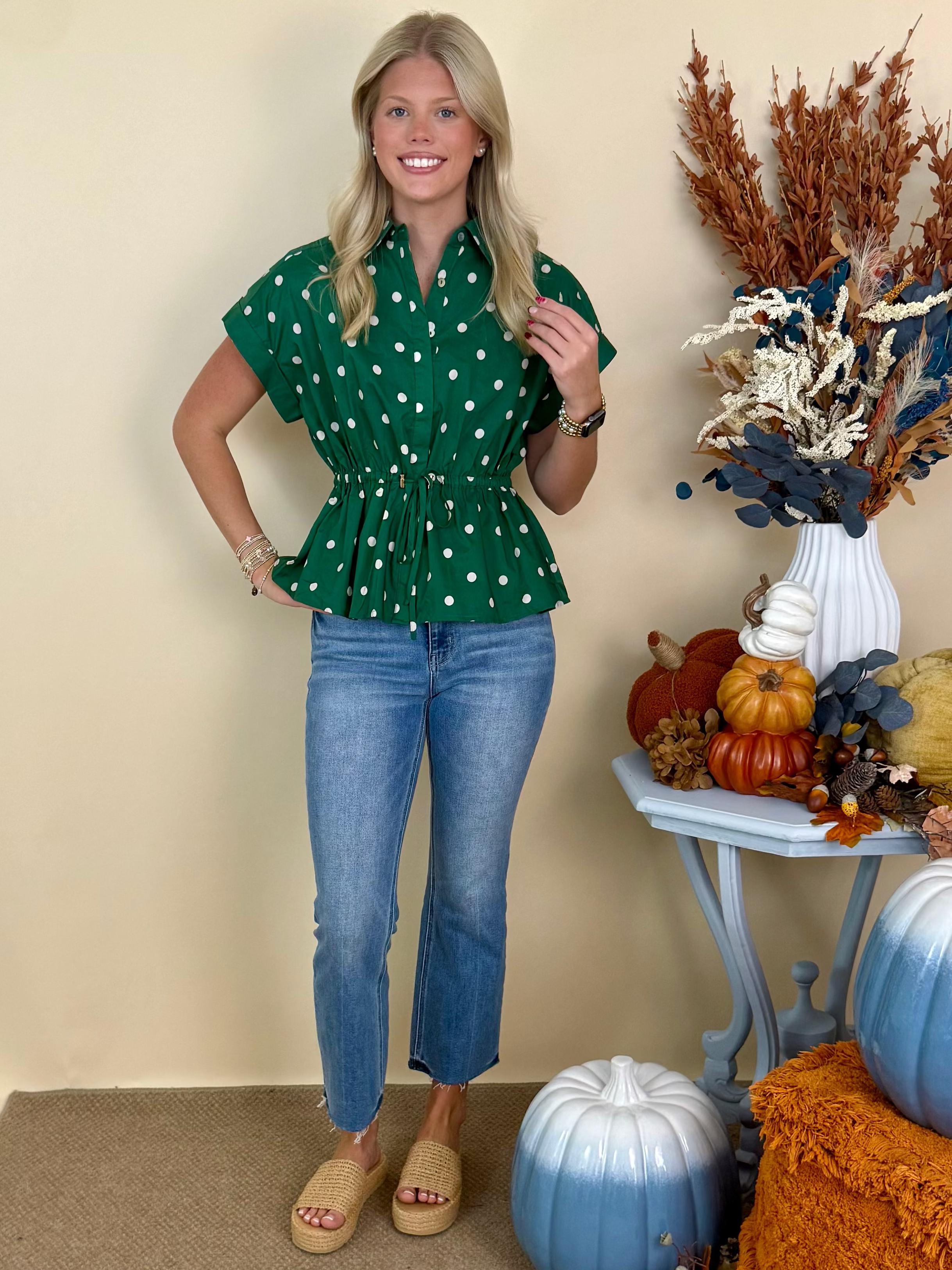 Rustic Charm Pine Polka Dot Drawstring Waist Top-Shop-Womens-Boutique-Clothing